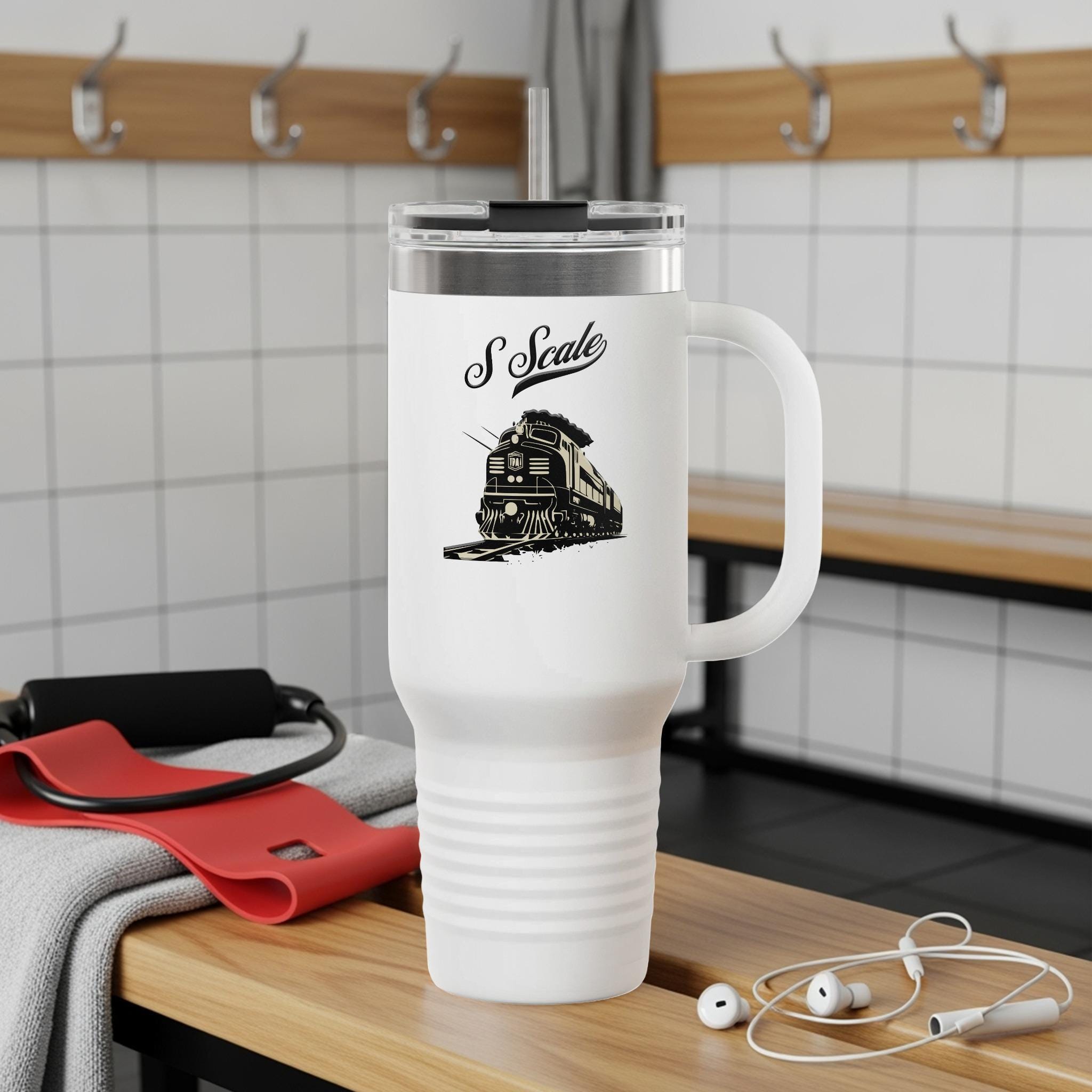 Train travel tumbler, locomotive design coffee mug, vintage train lover gift, railway enthusiast cup, railfan drinkware