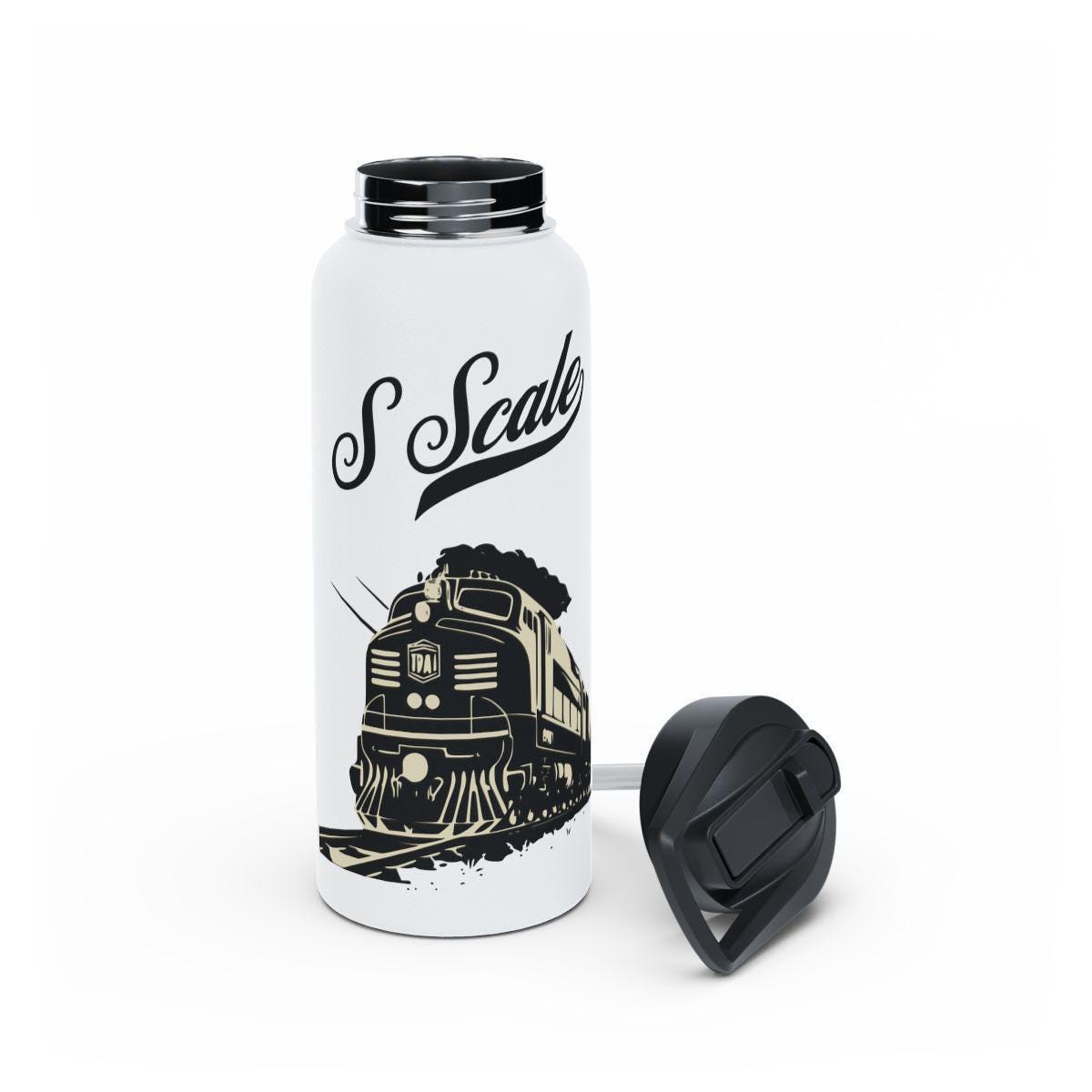 S Scale Water Bottle, Vintage Train Design Water Bottle, Black and White Train Art Bottle, Large Capacity Metal Flask