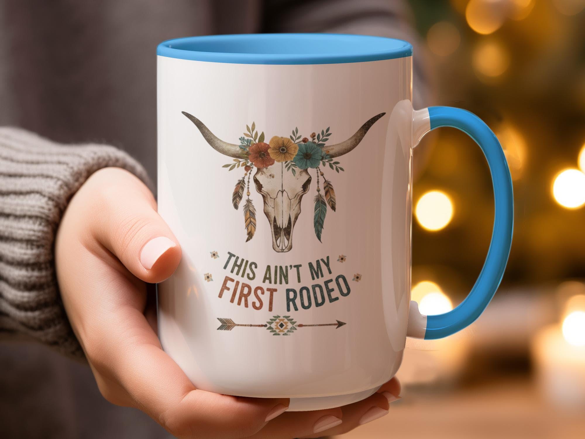 This Ain't My First Rodeo Mug, Funny Coffee Cup, Cowgirl Gift, Boho Western Decor, Unique Mug for Her, Rustic Cow Skull Mug