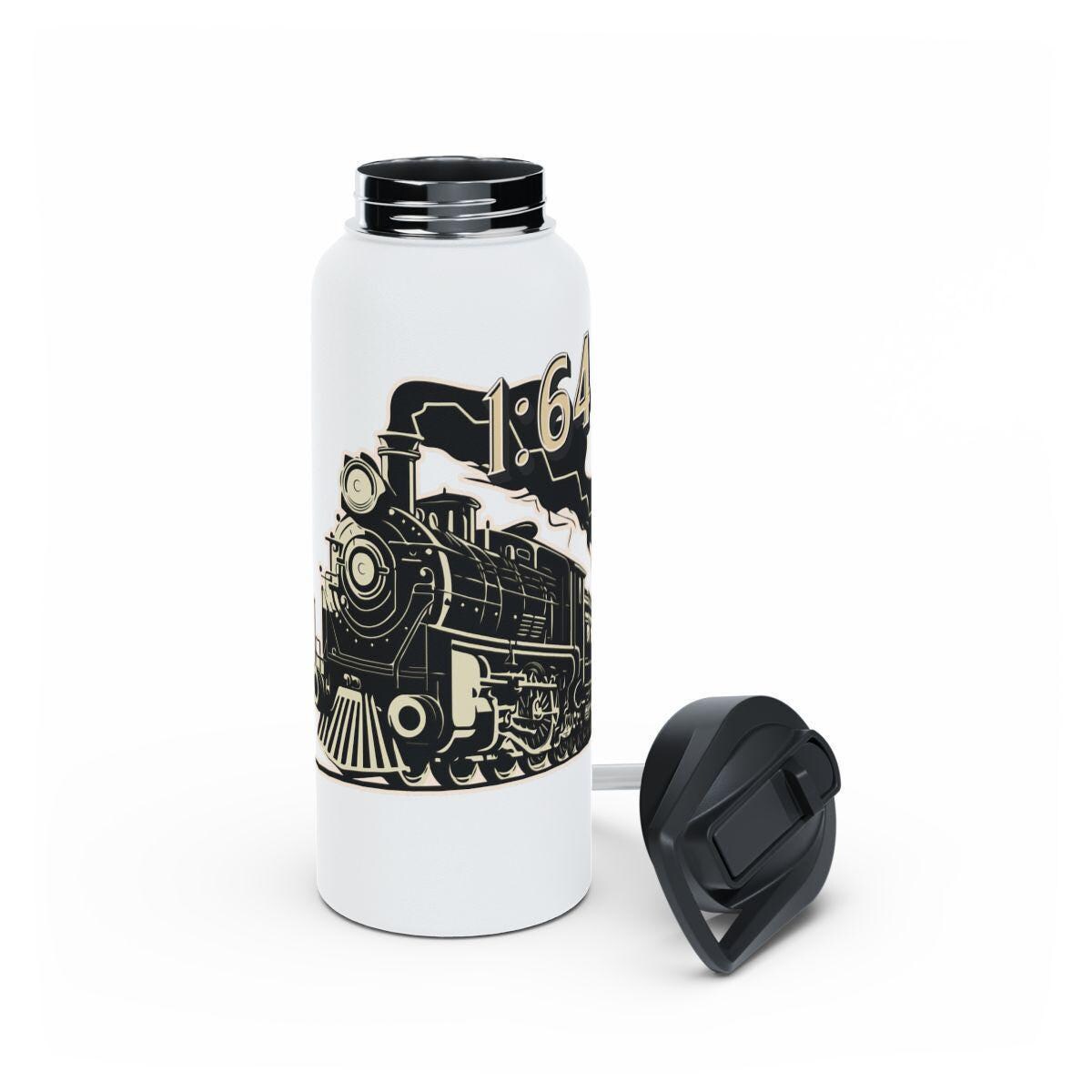 Train Themed Water Bottle, Steam Locomotive Design, Sleek Travel Flask, Reusable Drink Container, Vintage Train Art