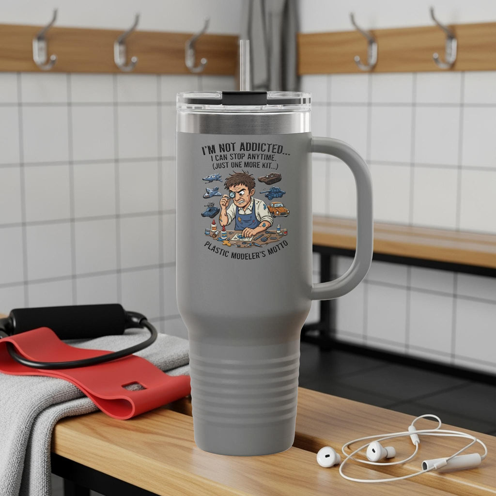 Funny Plastic Modeler's Motto Travel Mug, Unique Gift for Scale Model Enthusiasts, Large Insulated Tumbler, Hobbyist Coffee Cup