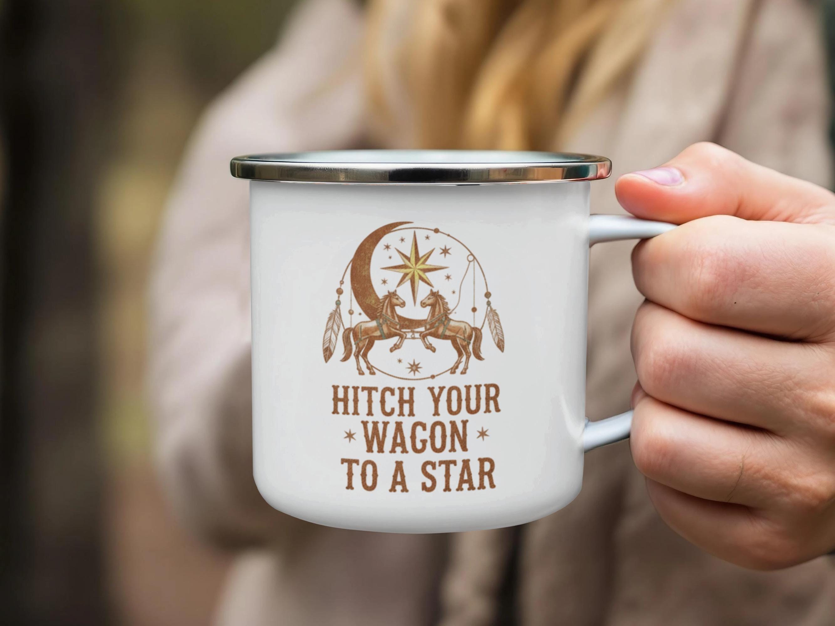 Hitch Your Wagon To A Star Mug, Enamel Campfire Mug, Rustic Coffee Cup, Outdoorsy Gift, Adventure Awaits, Gift for Travelers