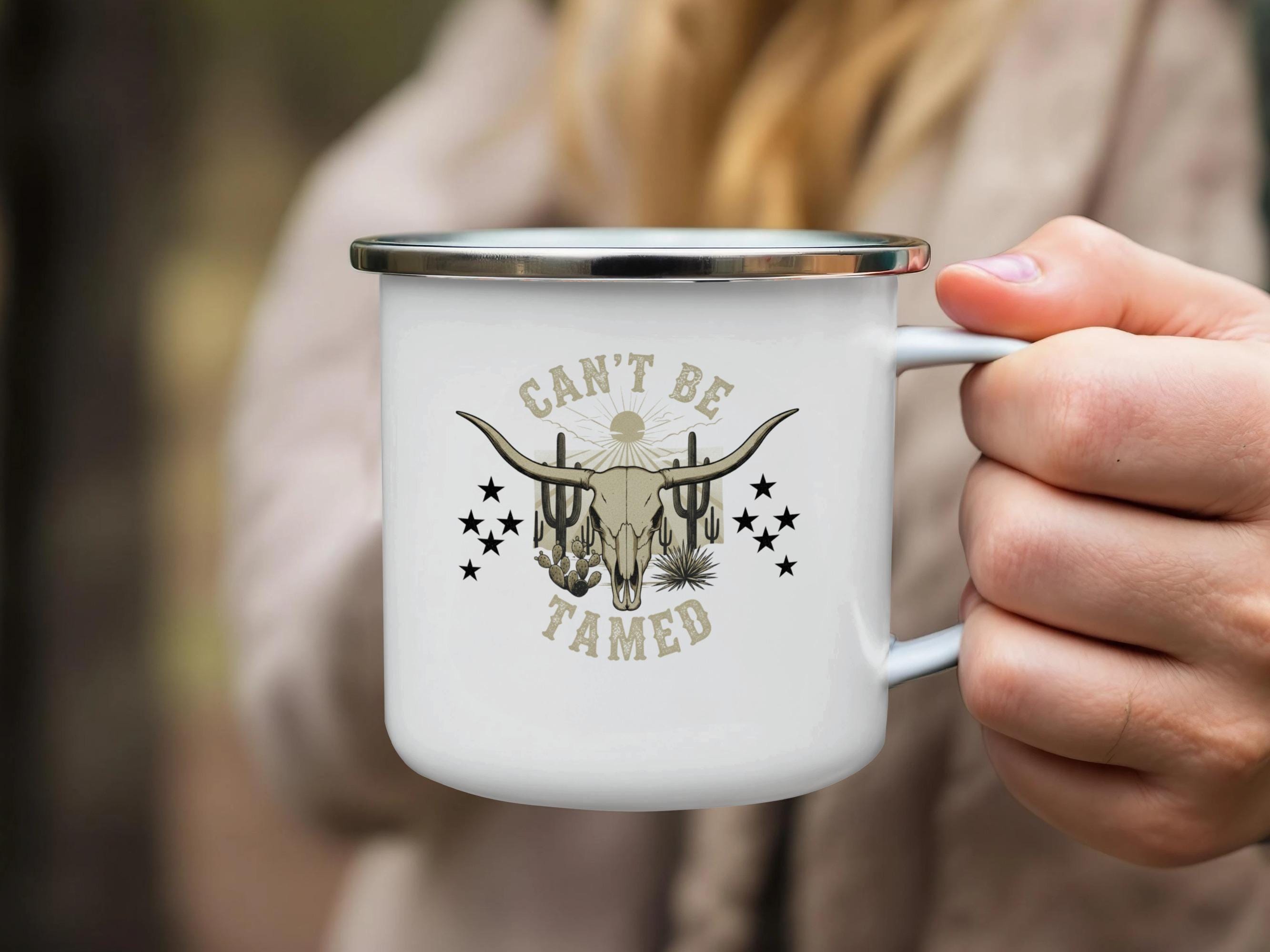 Can't Be Tamed Mug, White Coffee Mug, Western Themed Mug, Outdoor Camping Cup, Funny Mug for Gifts, Stainless Steel Rim Cup