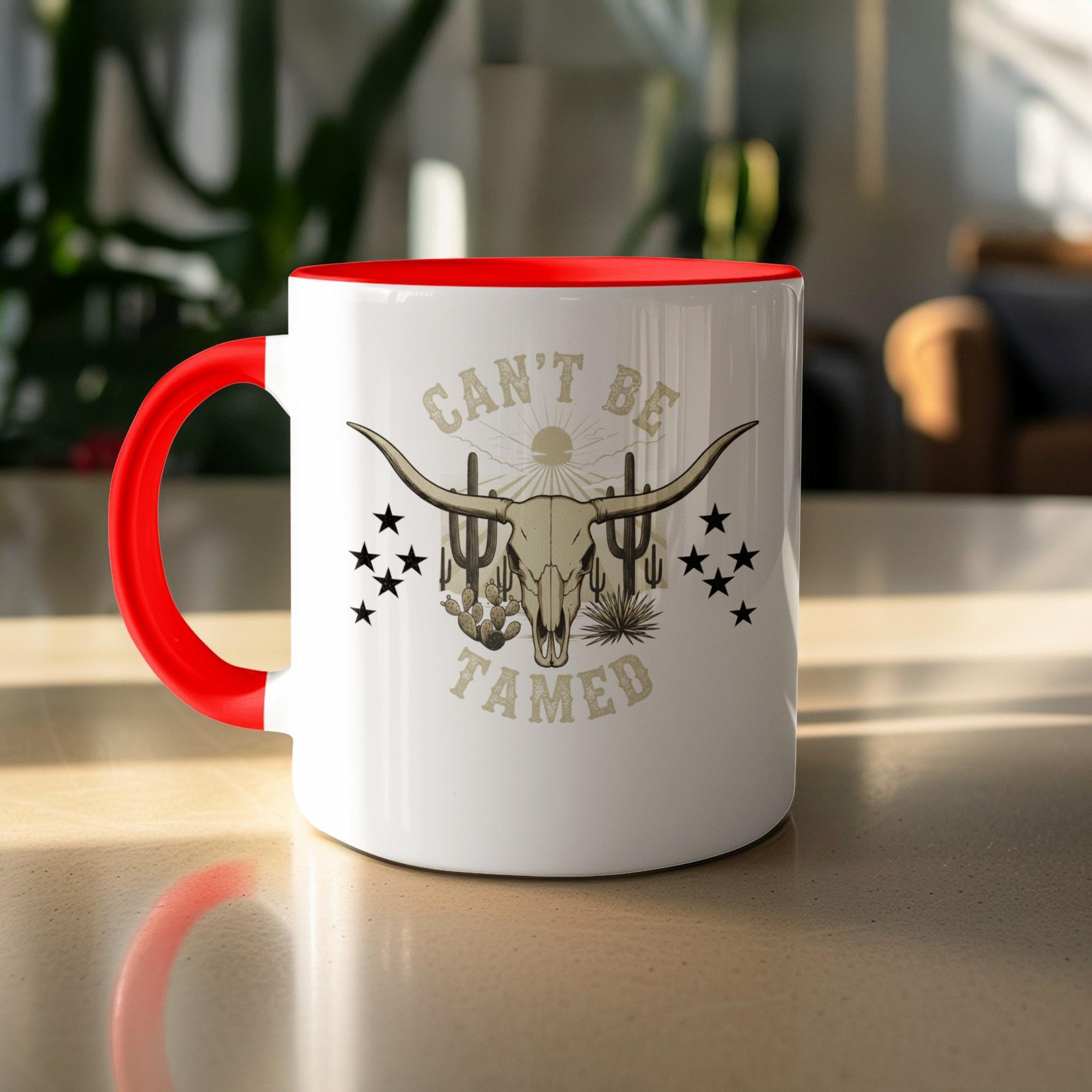 Can't Be Tamed Mug, Western Cow Skull Mug, Red Handle Mug, Unique Coffee Cup, Rustic Themed Mug, Morning Coffee Mug Gift