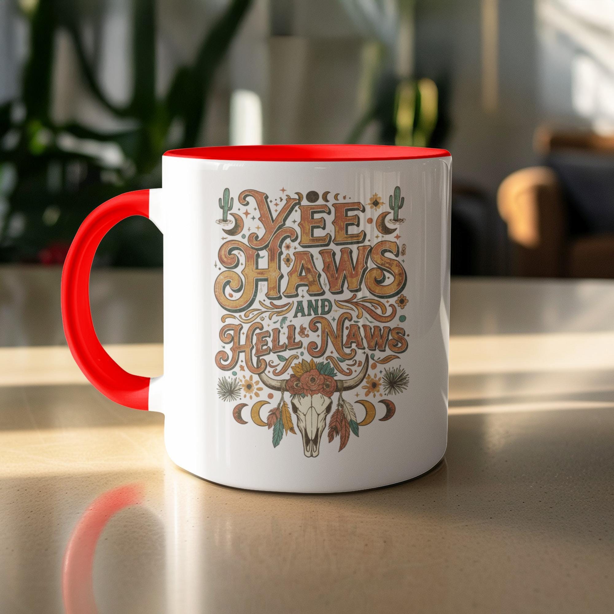 Yeehaw Western Mug, Cactus and Cow Skull Design, Funny Coffee Cup, Gifts for Cowgirls and Cowboys, Country Kitchen Decor