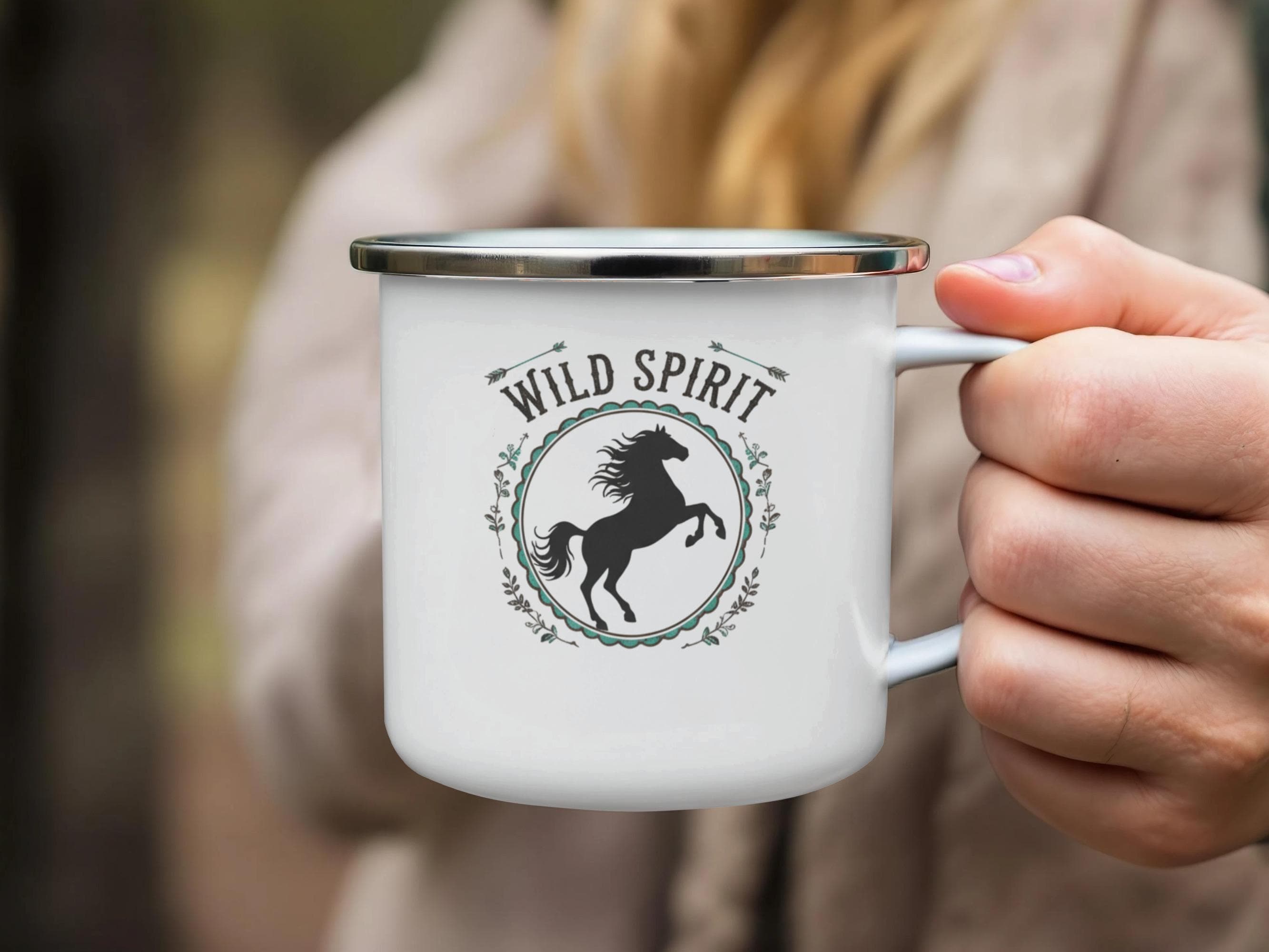 Wild Spirit Horse Mug, Rustic Enamel Camping Cup, Adventure Lover Gift, Horse Lover Gift, Outdoor Enthusiast Mug, Nature Inspired Cup