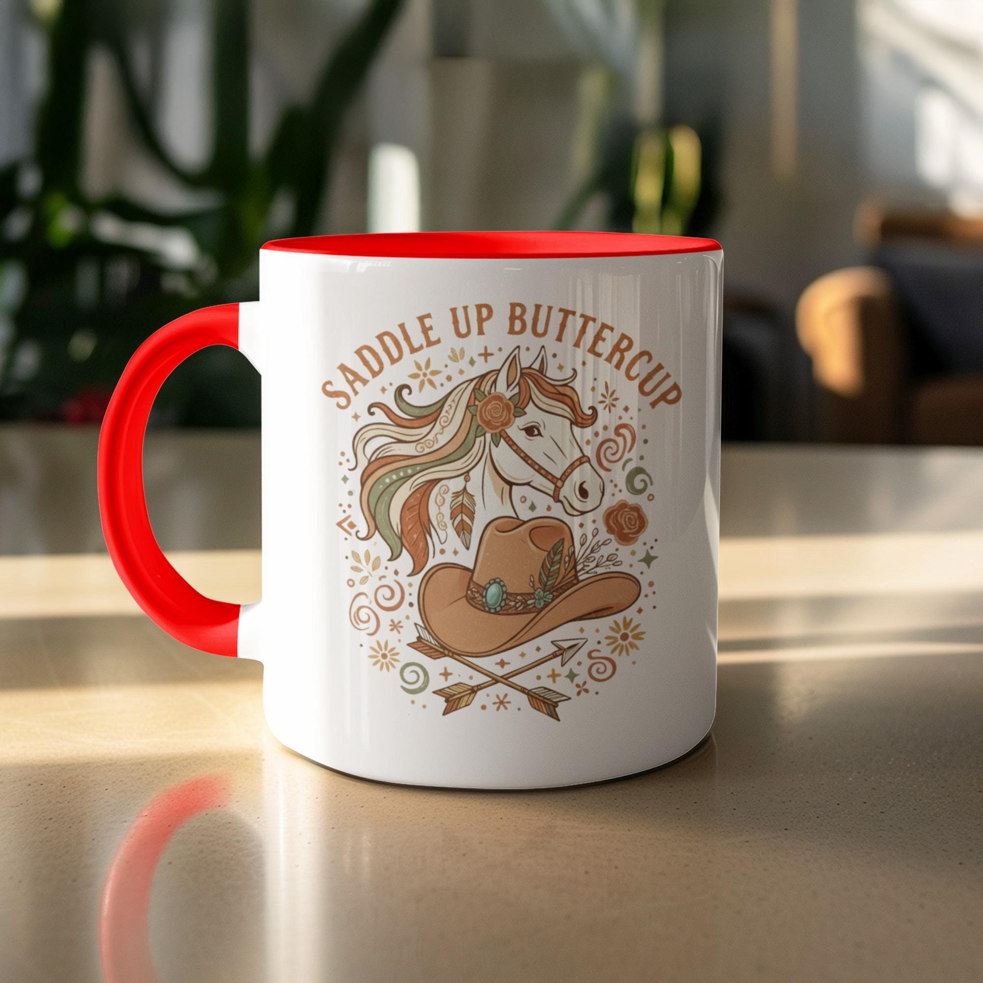 Saddle Up Buttercup Horse Mug, Cute Western Horse Mug, Red Handle Coffee Cup, Equestrian Gift, Cowboy Hat Decor, Farmhouse Cowgirl Mug