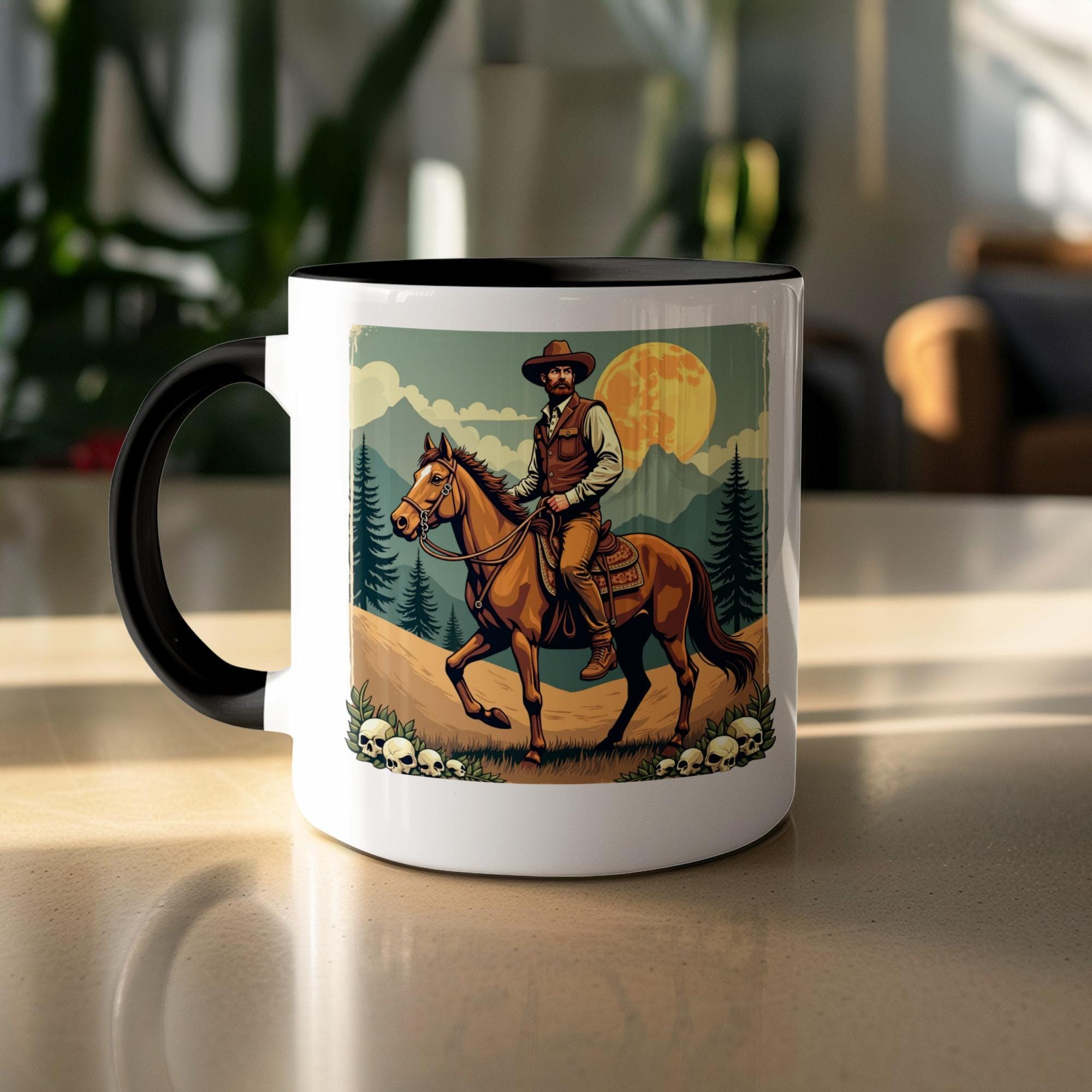 Western Cowboy Horse Rider Mug, Vintage Style Coffee Cup, Unique Gifts for Him, Rustic Farmhouse Decor, Outdoorsy Men Beatles