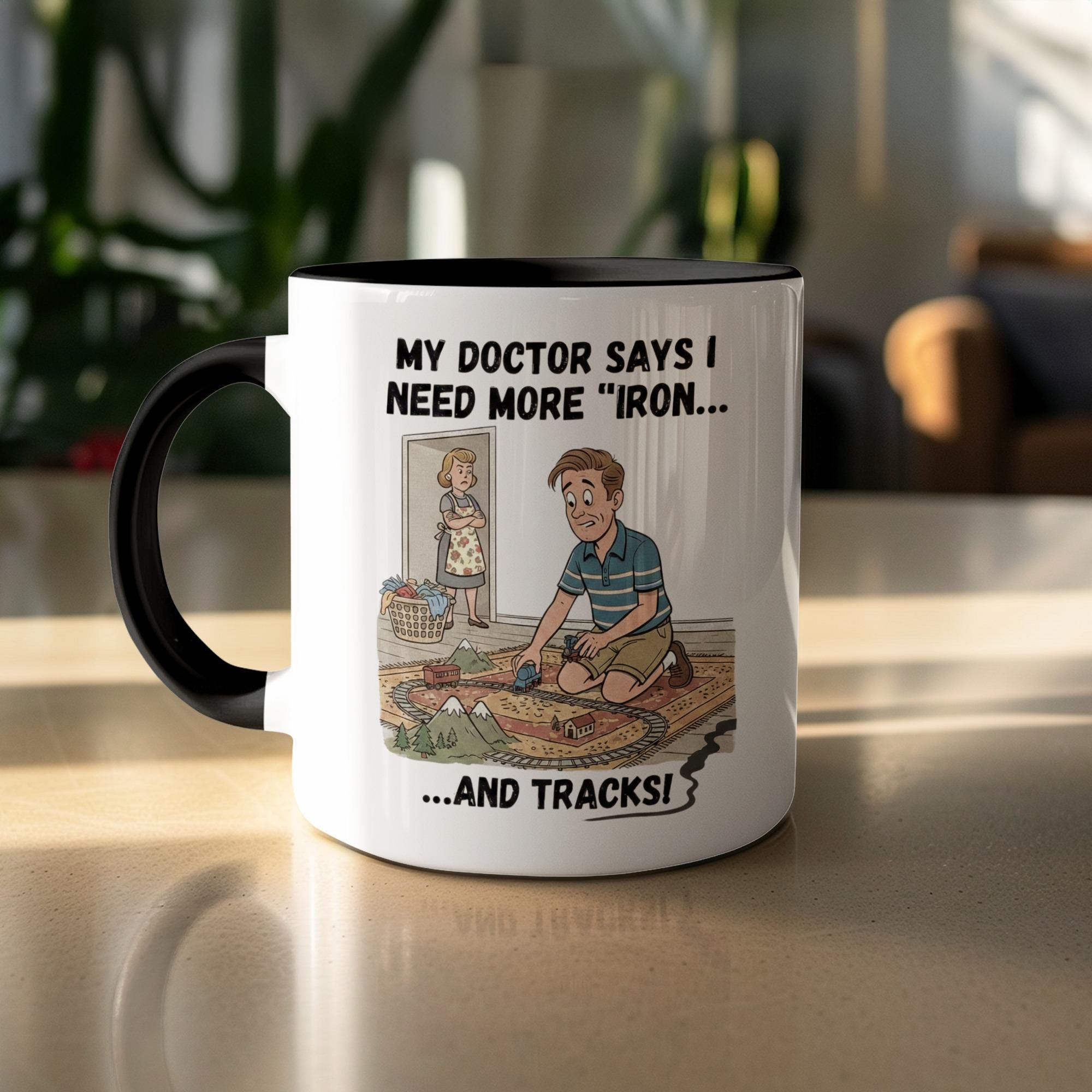 Funny Doctor Says I Need More Iron Tracks Mug, Unique Coffee Tea Mug, Perfect Gift for Train Lovers, Humorous Cartoon Mug