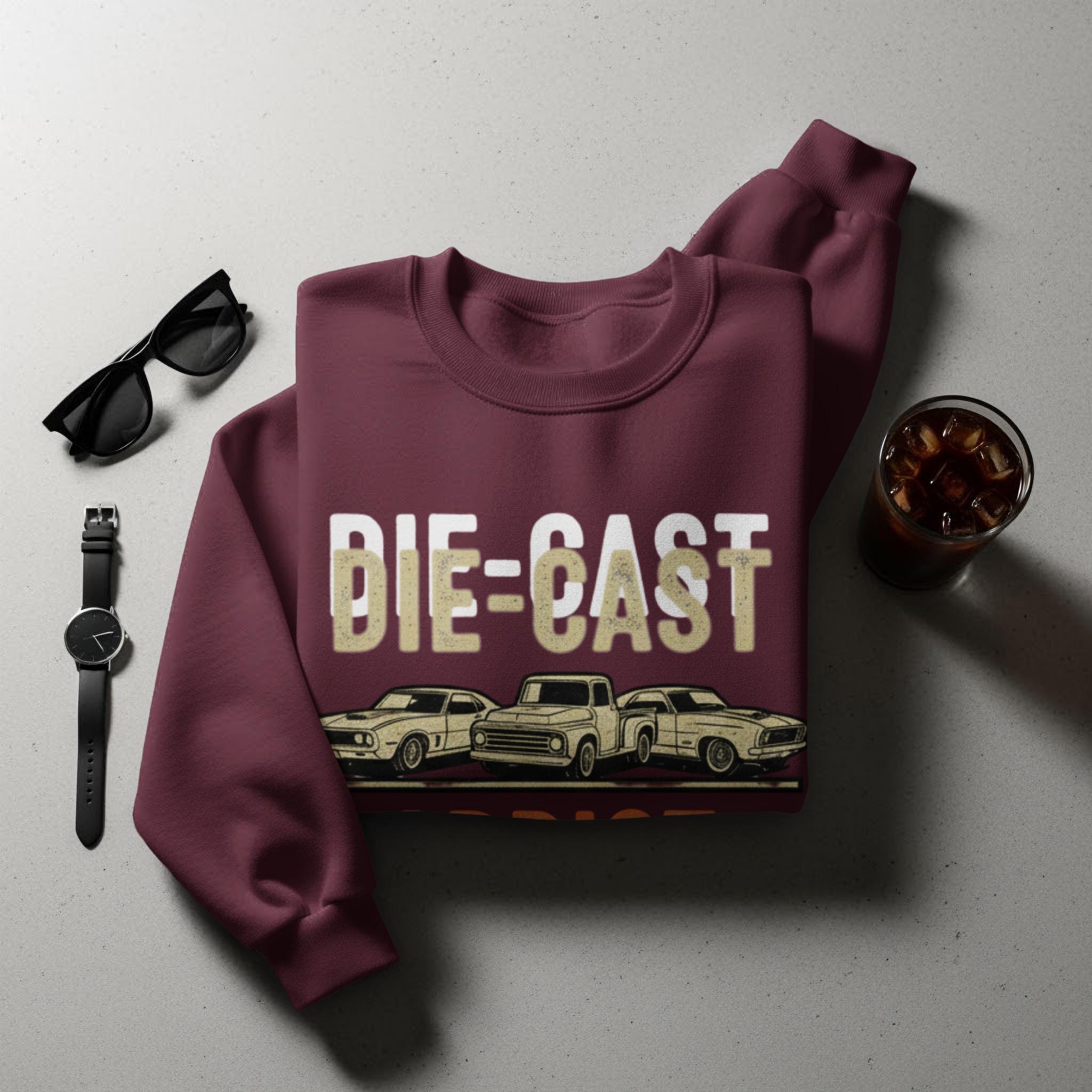 Die-Cast Sweatshirt, Vintage Cars Print, Classic Car Lovers Gift, Retro Auto Enthusiast Hoodie, Car Collector Apparel