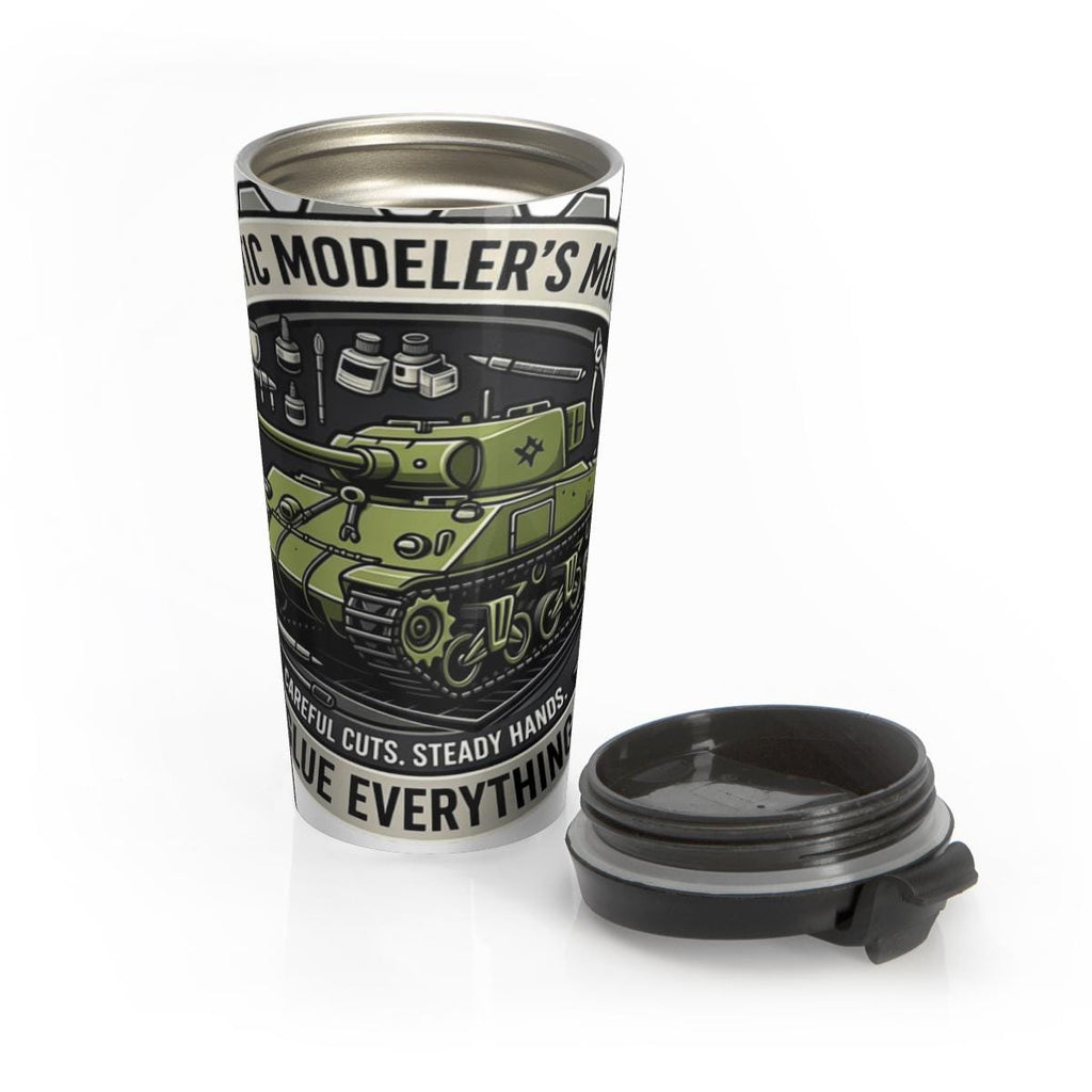 Modeler's Thermos Mug, Tank Design Travel Tumbler, Insulated Stainless Steel, Ideal for Hobbyists and Model Builders