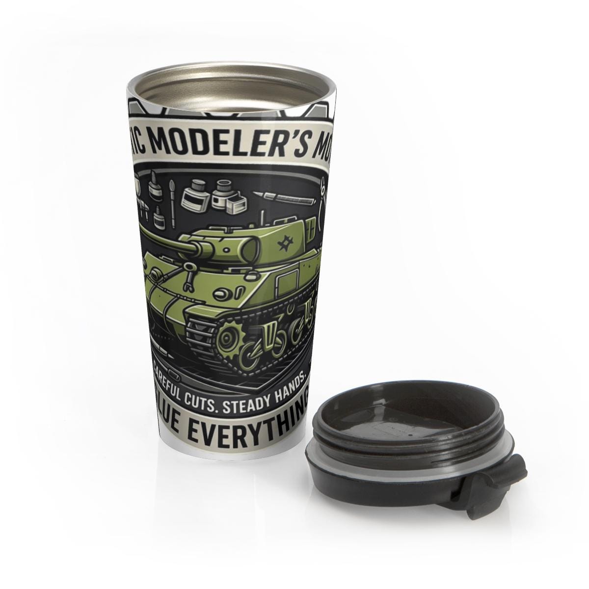Modeler's Thermos Mug, Tank Design Travel Tumbler, Insulated Stainless Steel, Ideal for Hobbyists and Model Builders