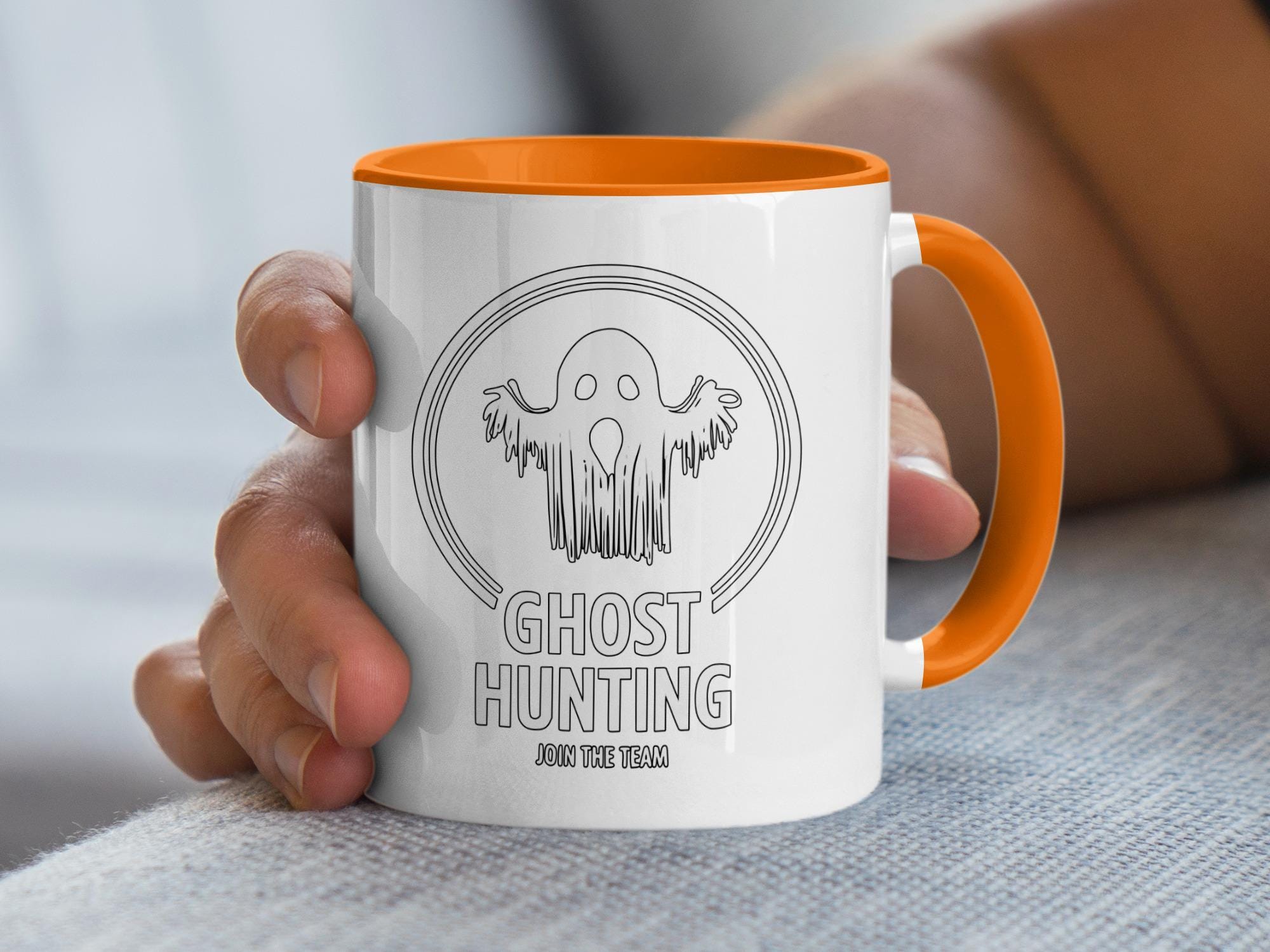Ghost Hunting Join The Team Mug, Spooky Coffee Cup, Halloween Gift, Paranormal Activity Lover, Funny Ghost Mug, Orange Accent Mug