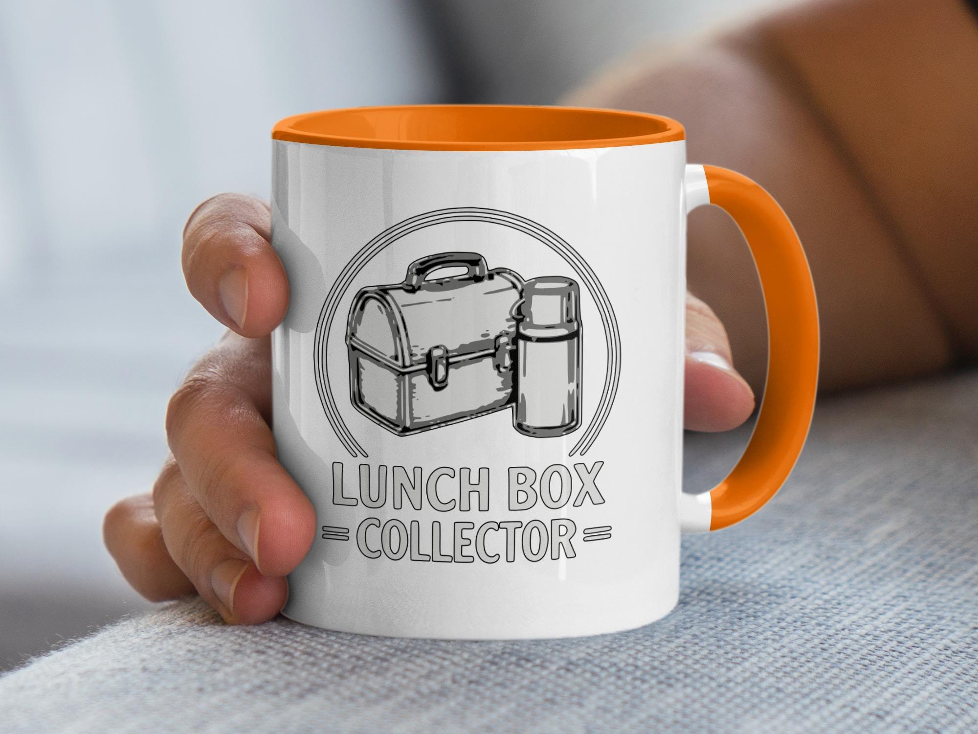 Lunch Box Collector Mug, Vintage Lunchbox Design Cup, Gift for Collectors, Unique Coffee Mug, Retro Lunch Box Art, Orange Handle Mug