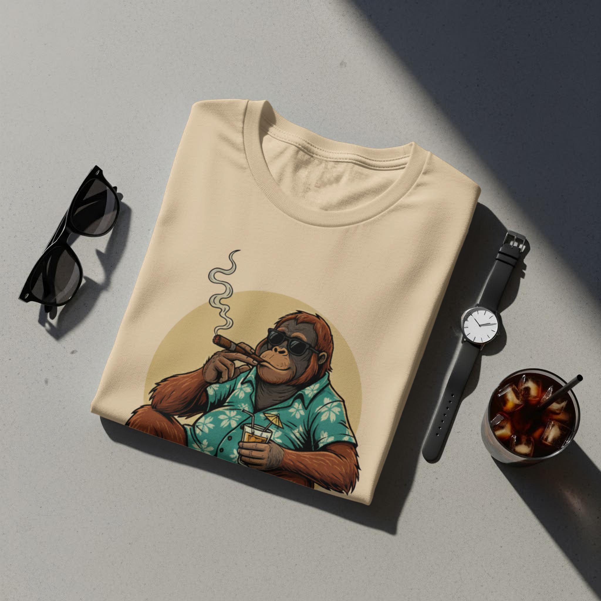 Cool Orangutan Smoking Cigar T Shirt, Funny Cartoon Ape Graphic Tee, Chill Monkey Drinking Coffee Shirt, Unique Animal Lovers Gift