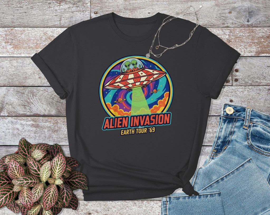Alien Invasion Earth Tour 69 Shirt, UFO Graphic Tee, Retro Alien T-Shirt, Sci-Fi Fan Gifts, Vintage Space Shirt, Cool Alien Apparel