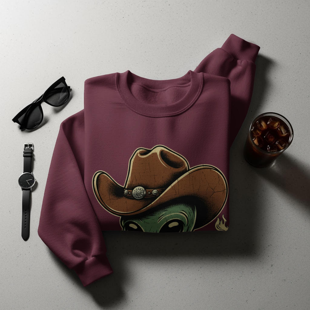 Alien Cowboy Sweatshirt, Unique Graphic Pullover, Stylish Alien Design, Trendy Sweatshirt for Men and Women, Cool Casual Wear