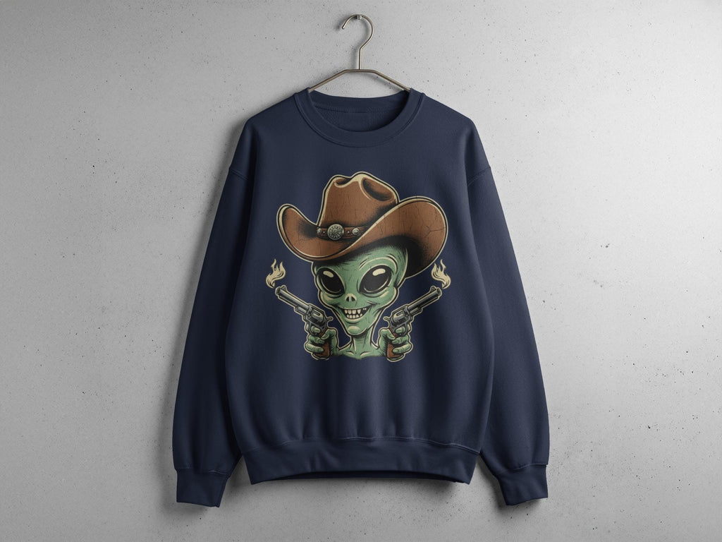 Alien Cowboy Sweatshirt, Fun Graphic Pullover, Space Western Apparel, Novelty Sweater for Sci-Fi Fans, Unique Alien Gift Idea