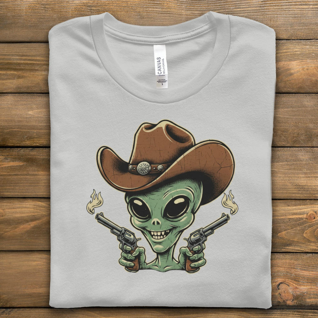Cowboy Alien T-shirt, Funny Alien Graphic Tee, Cool Alien with Guns Shirt, Unique Alien Design, Retro Cowboy Alien Apparel