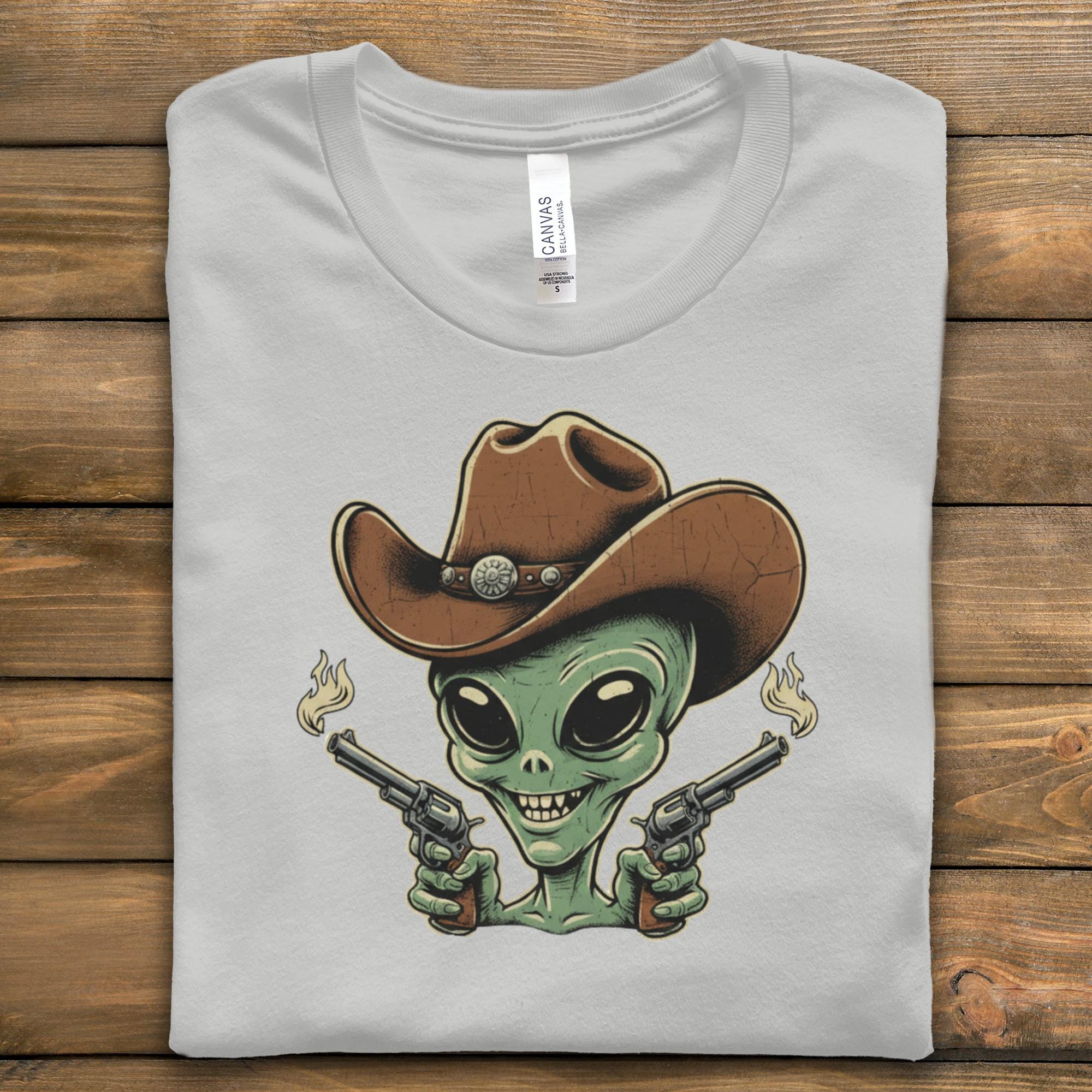 Cowboy Alien T-shirt, Funny Alien Graphic Tee, Cool Alien with Guns Shirt, Unique Alien Design, Retro Cowboy Alien Apparel