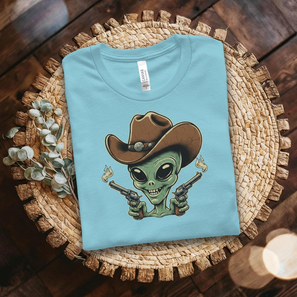 Alien Cowboy T-Shirt, Funny Graphic Tee, Sci-Fi Western Shirt, Unique Alien Design, Quirky Gift for Him or Her, Cool Alien Art