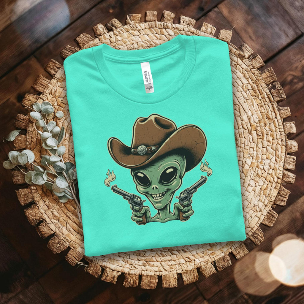 Alien Cowboy Shirt, Funny Alien Tee, Western Themed Graphic Tee, Unique Alien Design Shirt, Cool Casual T-shirt, Alien with Guns Shirt