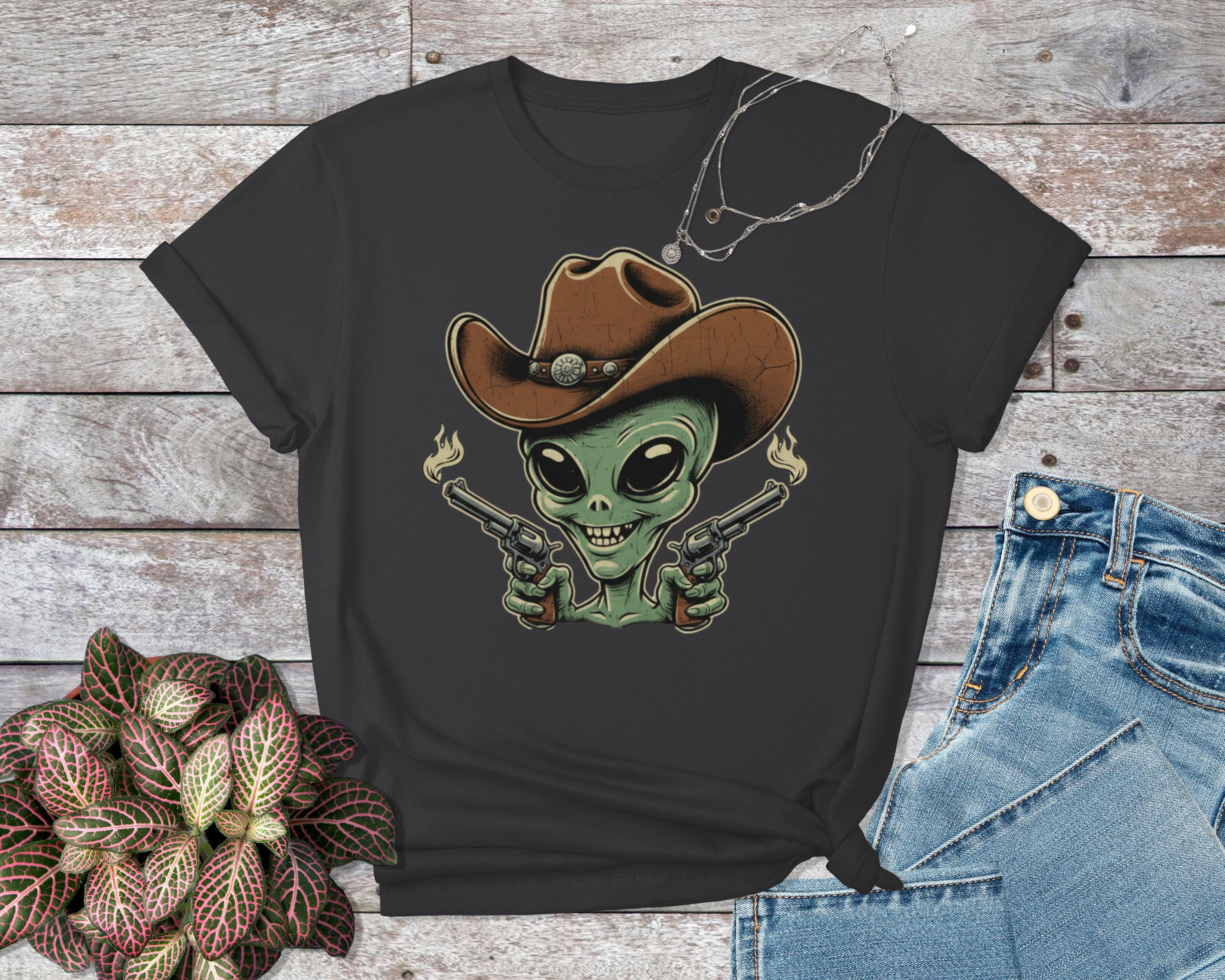 Alien Cowboy Shirt, Fun Western Tee, Unique Gift, Graphic T-Shirt, Cool Alien Design, Retro Style, Unisex Top, Casual Wear