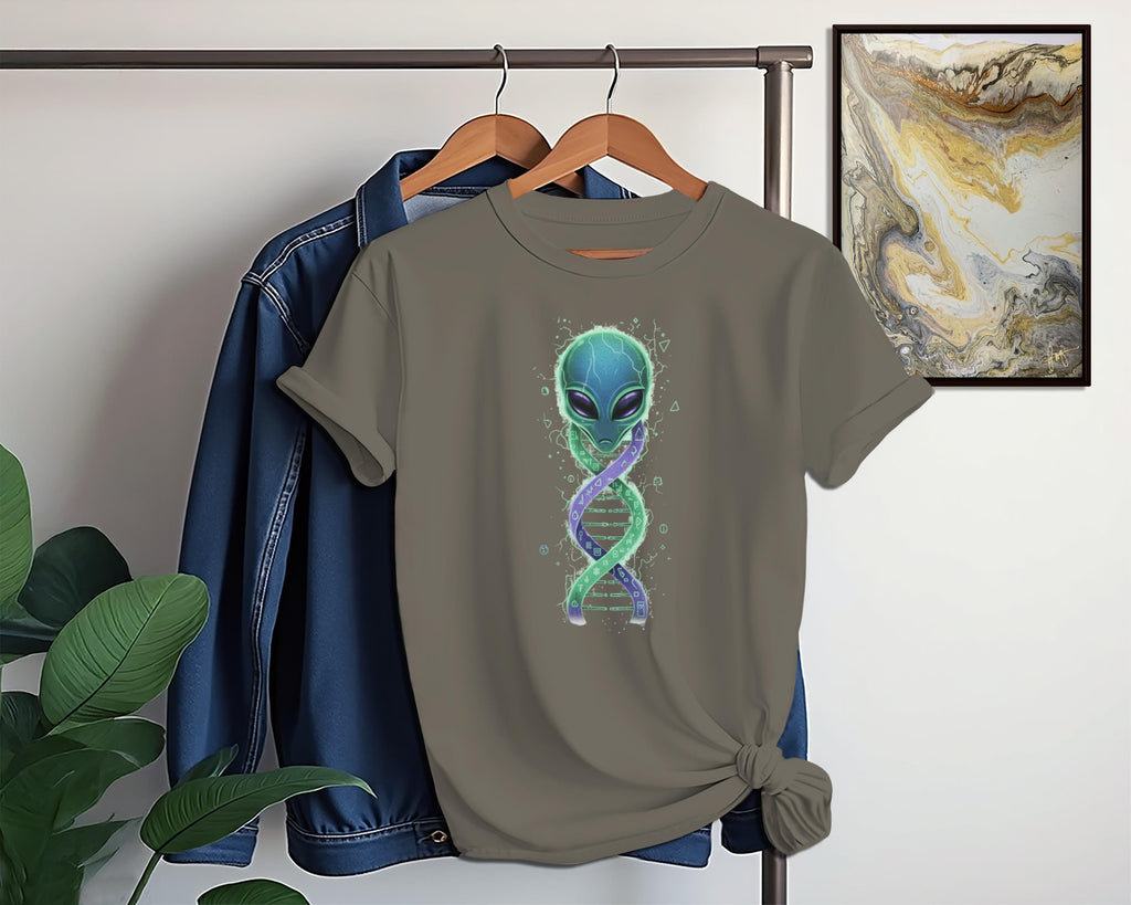 Alien DNA t-shirt, space-themed graphic tee, science fiction shirt, futuristic design clothing, extraterrestrial art apparel