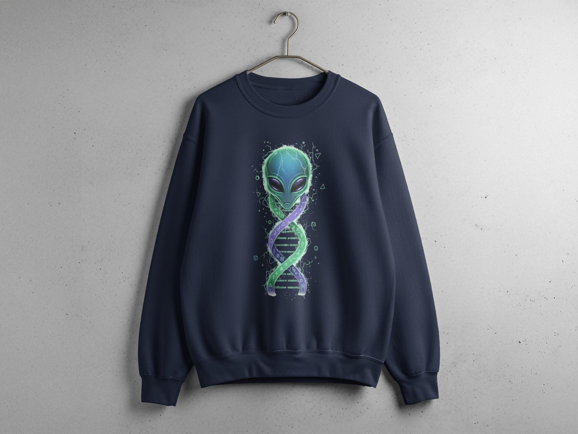 Alien DNA Sweatshirt, Cool Space Graphic Top, Unique Alien Gift Idea, Trendy Cosmic Design Sweater, Sci-Fi Apparel, alien themed fashion