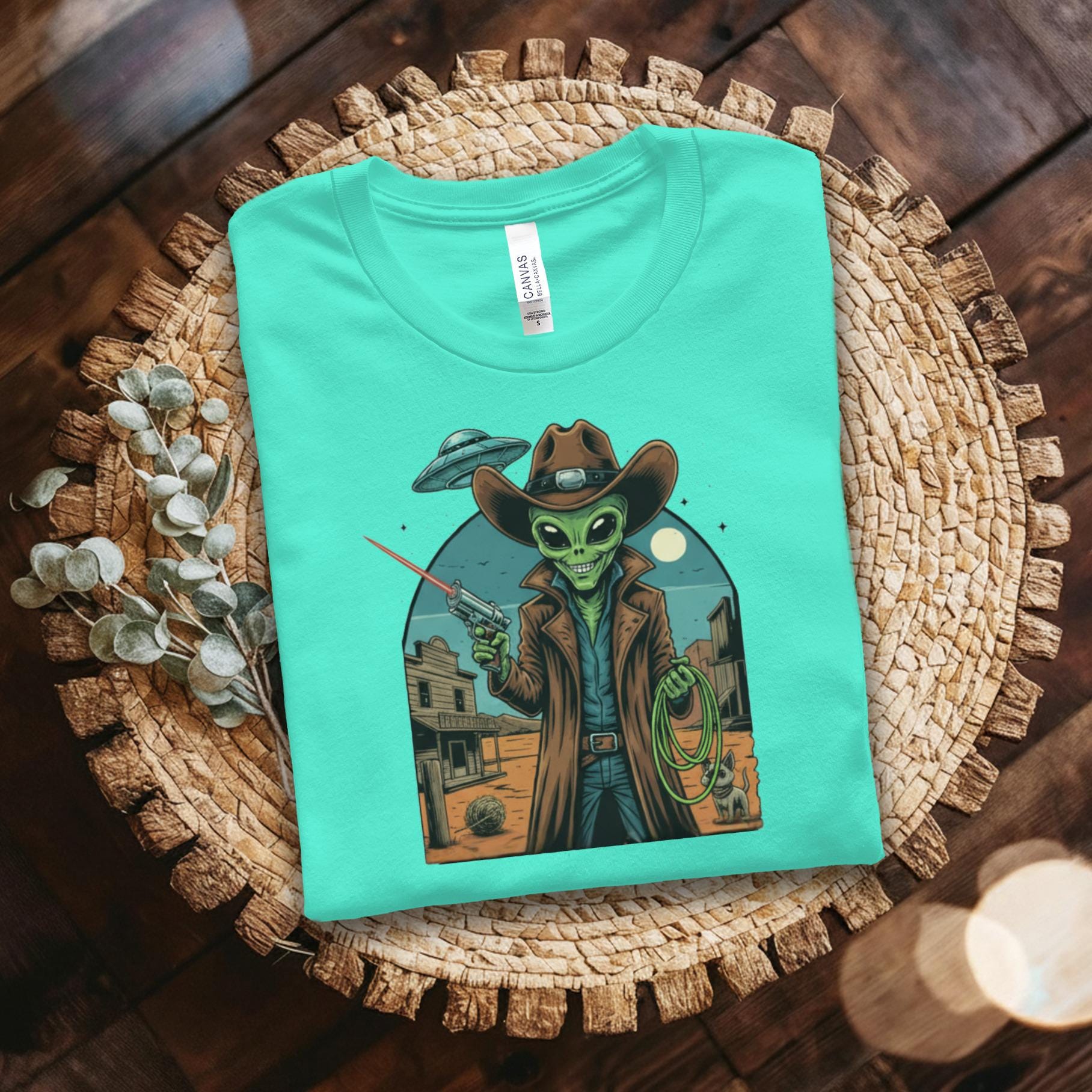 Alien Cowboy T-shirt, UFO Western Graphic Tee, Outer Space Sheriff Shirt, Fantasy Space Cowpoke Tee, Unique Sci-Fi Alien Shirt