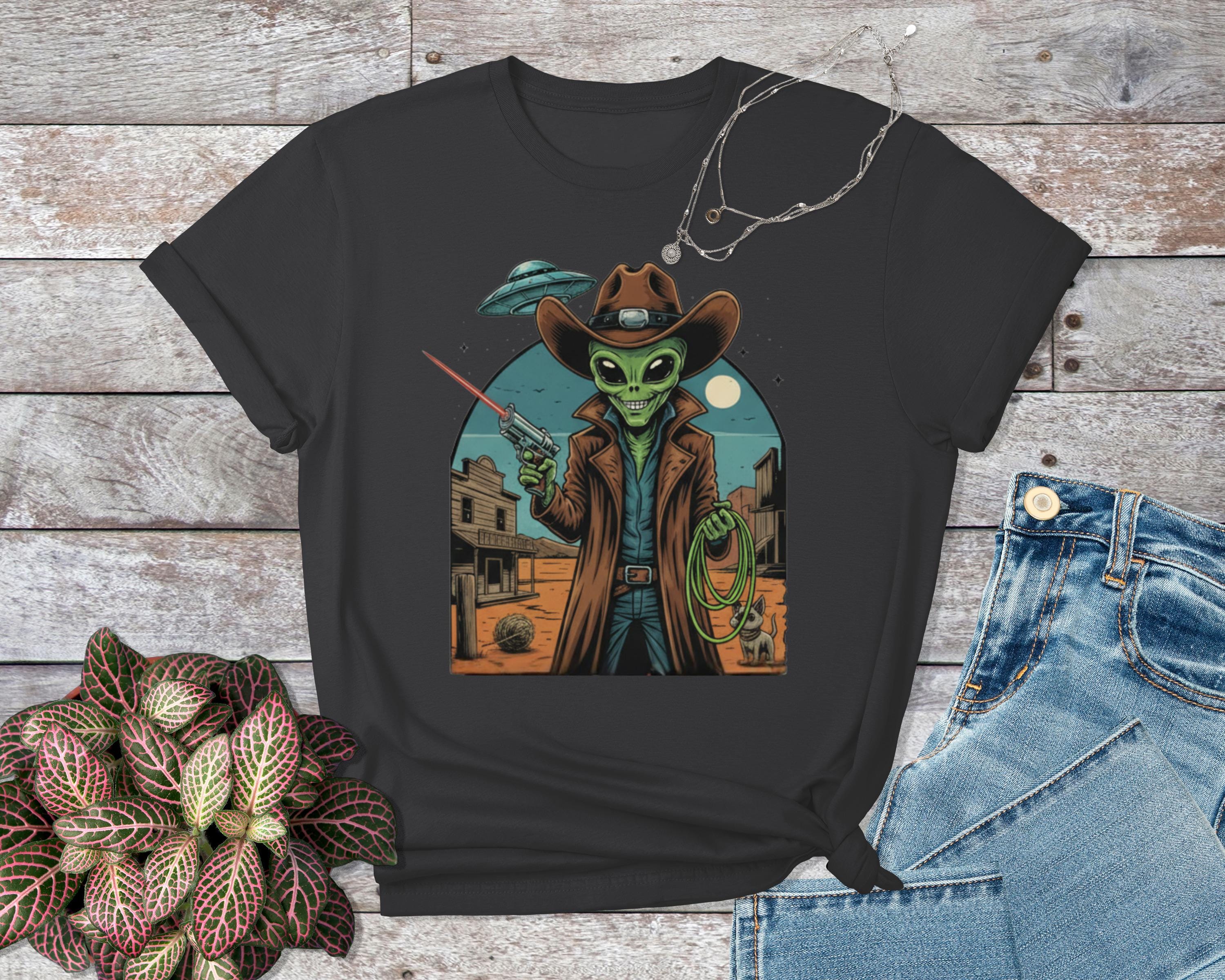Alien Cowboy Graphic Tee, Sci-Fi Western Shirt, Unique Alien T-Shirt, Fun Graphic Tee, Space Cowboy Shirt, Unisex Cool T-Shirt