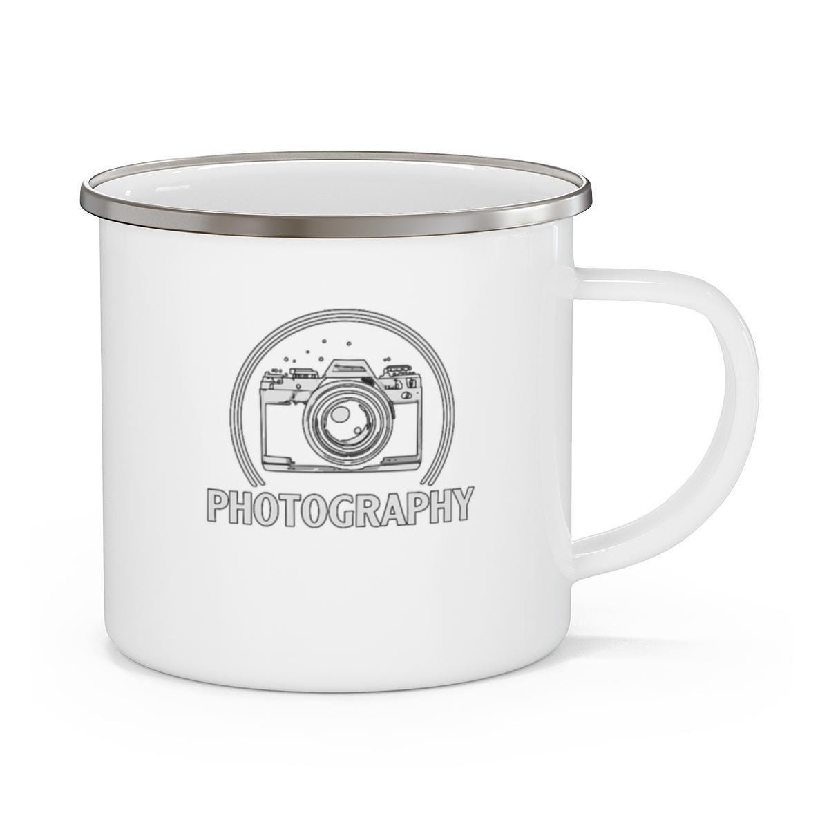 Photography Enamel Mug, Camera Design Coffee Cup, Perfect Gift for Photographers, Vintage Style Camera Mug, Unique Travel Mug