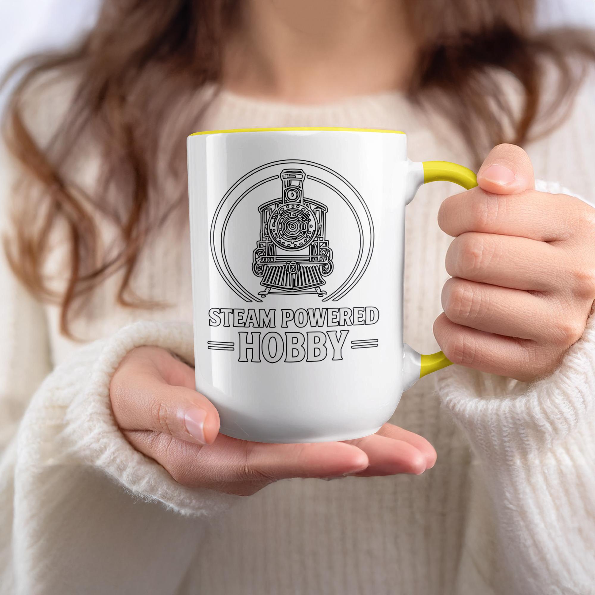 Steam Powered Hobby Mug, Train Enthusiast Coffee Cup, Unique Train Lover Gift, Railroad Hobbyist Present, Vintage Train Design Tea Cup