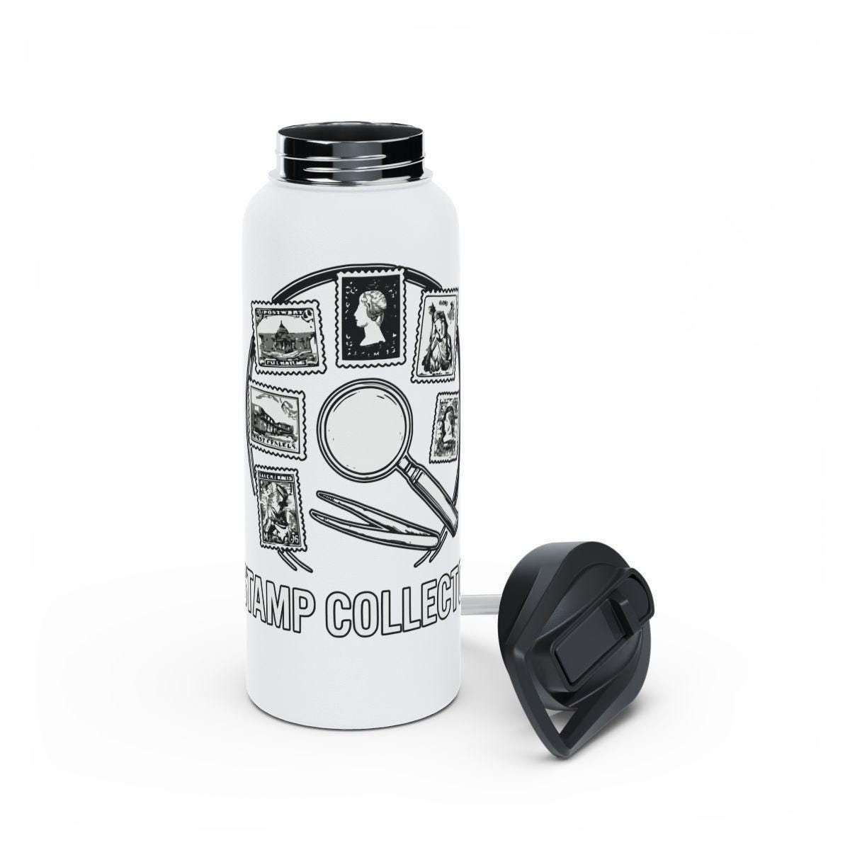 Collectible Stamp Design Water Bottle, Unique Stamp Collector Gifts, Magnifying Glass and Stamps Illustration Flask