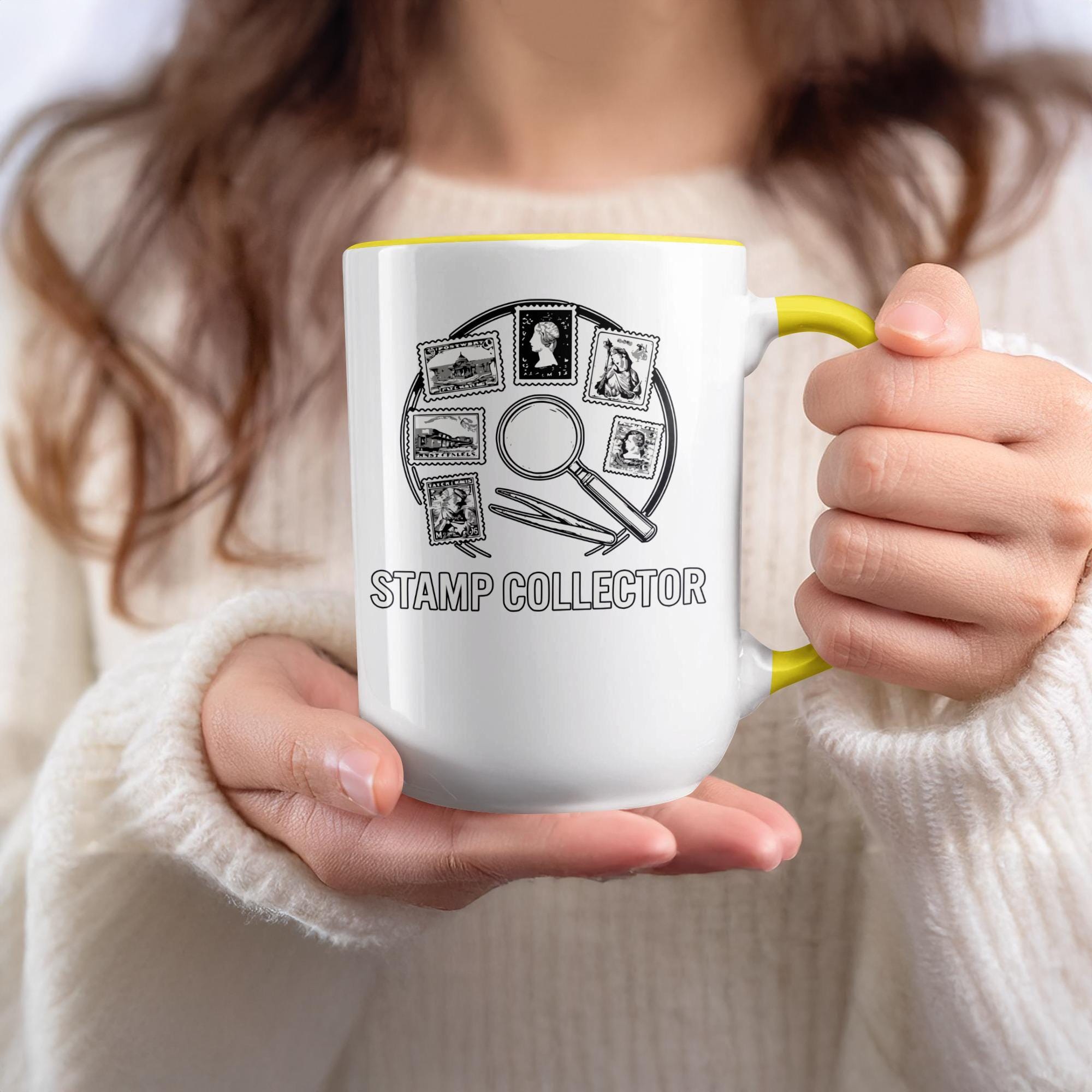 Stamp Collector Coffee Mug, Philatelist Gift, Unique Stamp Collecting, Magnifying Glass, Hobbyist Present, Stamp Lover Cup