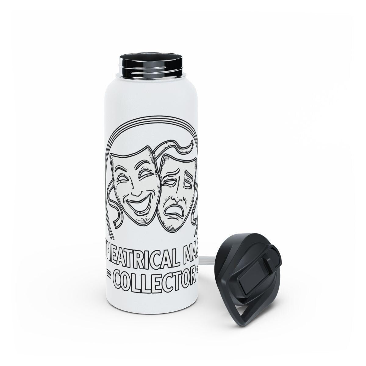 Theatrical Masks Water Bottle, Drama Lovers Gift, Theater Enthusiast Accessory, Comedy and Tragedy Faces, Unique Water Flask