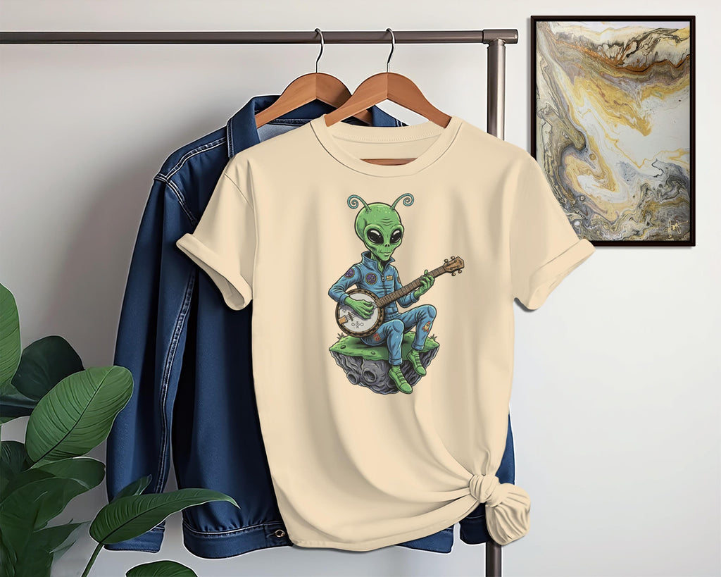 Alien playing banjo t-shirt, graphic tee, extraterrestrial musician shirt, vintage style space alien clothing, quirky casual wear
