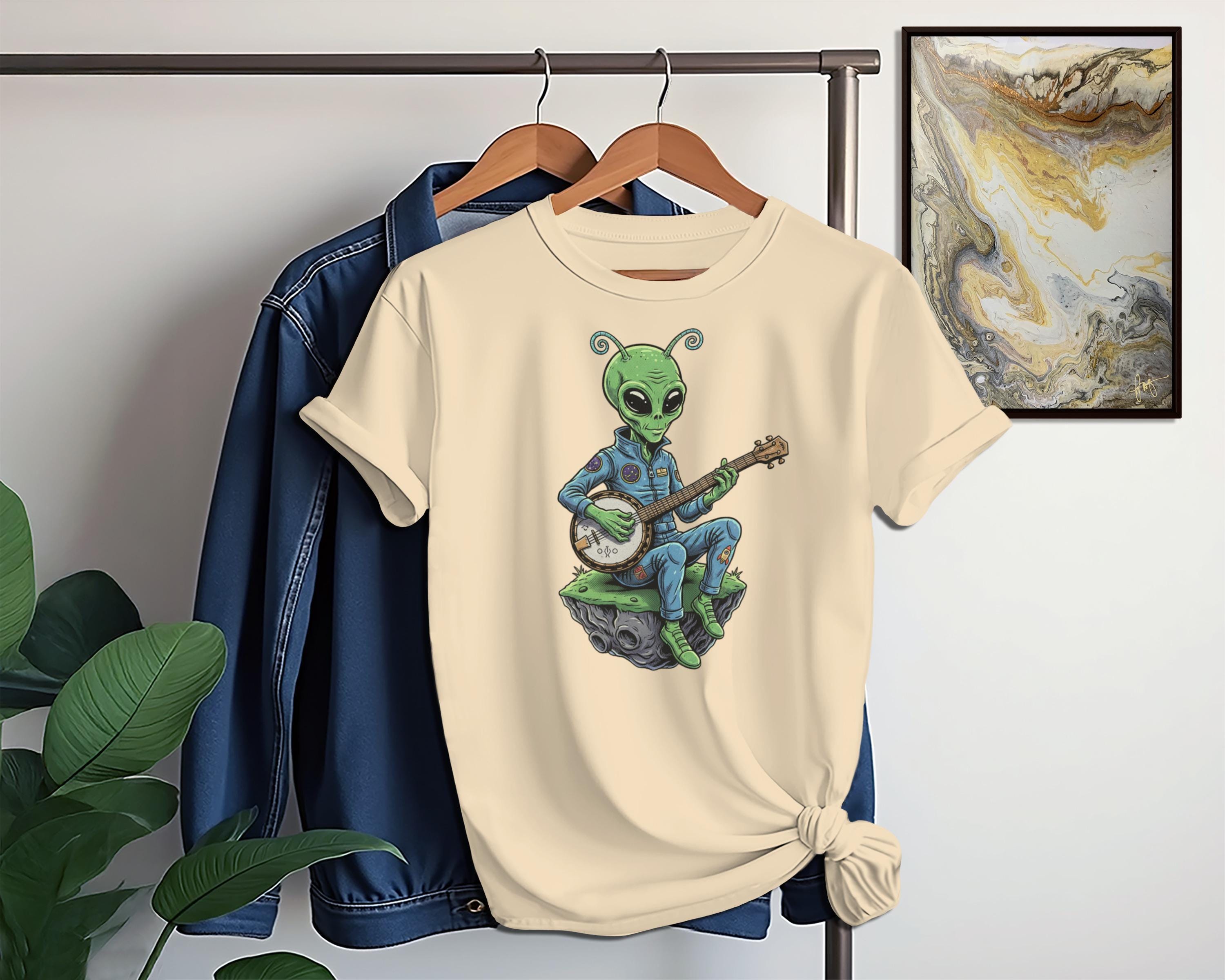 Alien playing banjo t-shirt, graphic tee, extraterrestrial musician shirt, vintage style space alien clothing, quirky casual wear