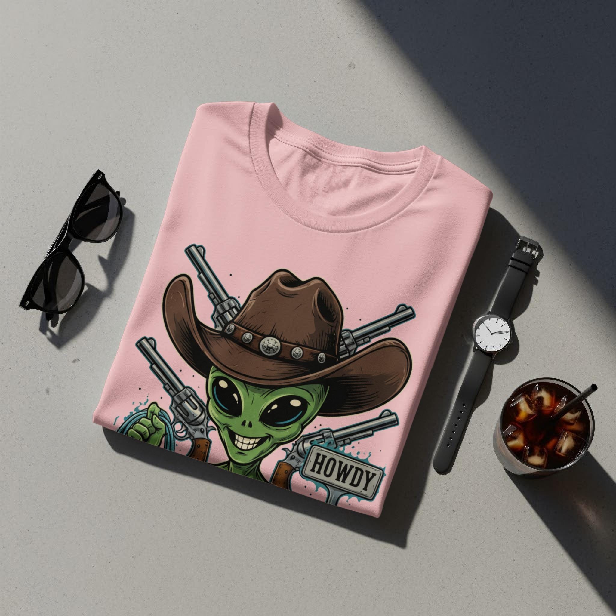 Funny Alien Cowboy Shirt, Unique Pink Alien T-Shirt, Cool Alien with Cowboy Hat Graphic Tee, Howdy Alien Graphic Top