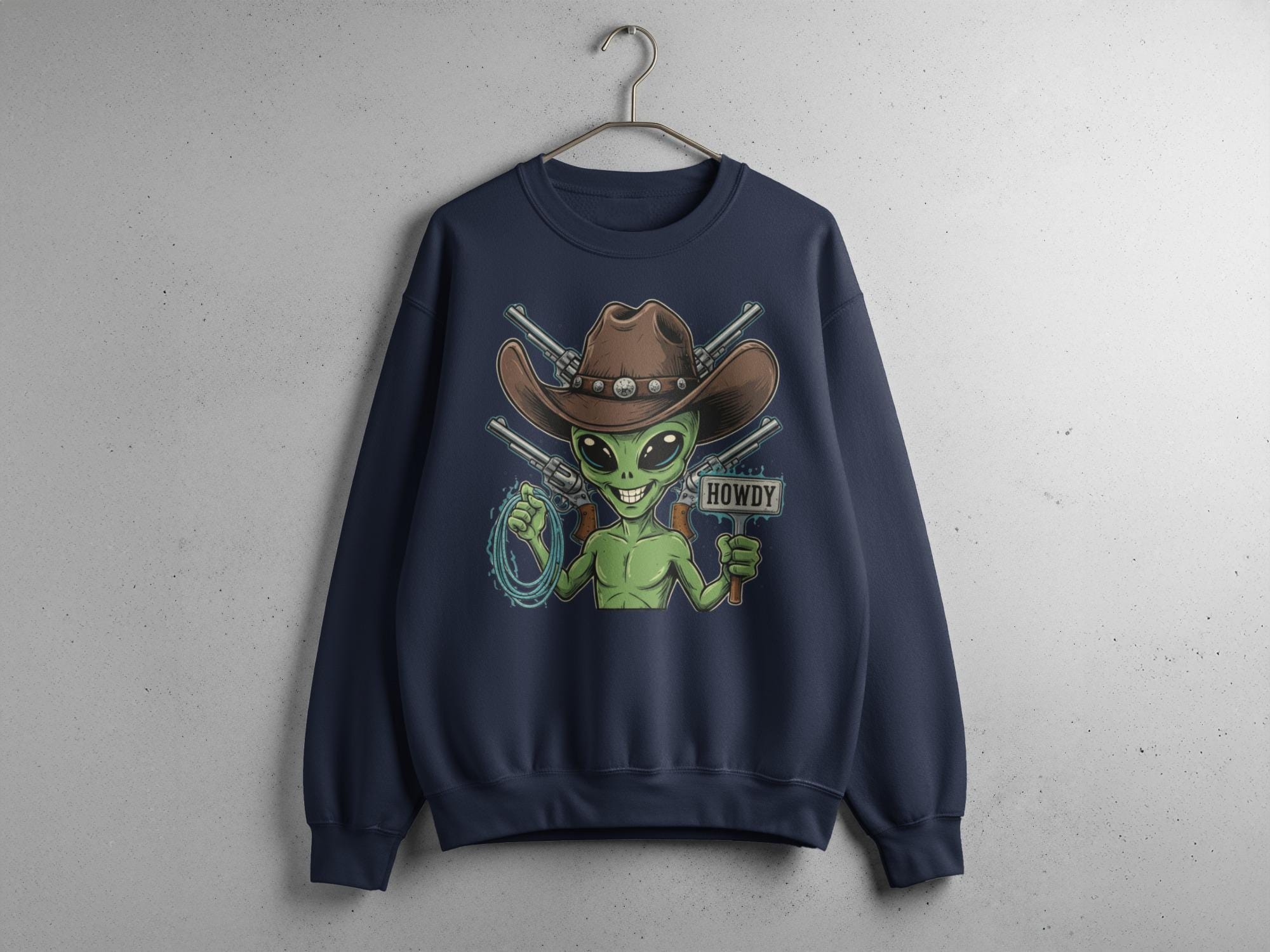 Alien Cowboy Sweatshirt, Retro Space Western Crewneck, Howdy Alien Graphic Sweater, Fun Alien Rodeo Pullover, Outer Space Novelty Top