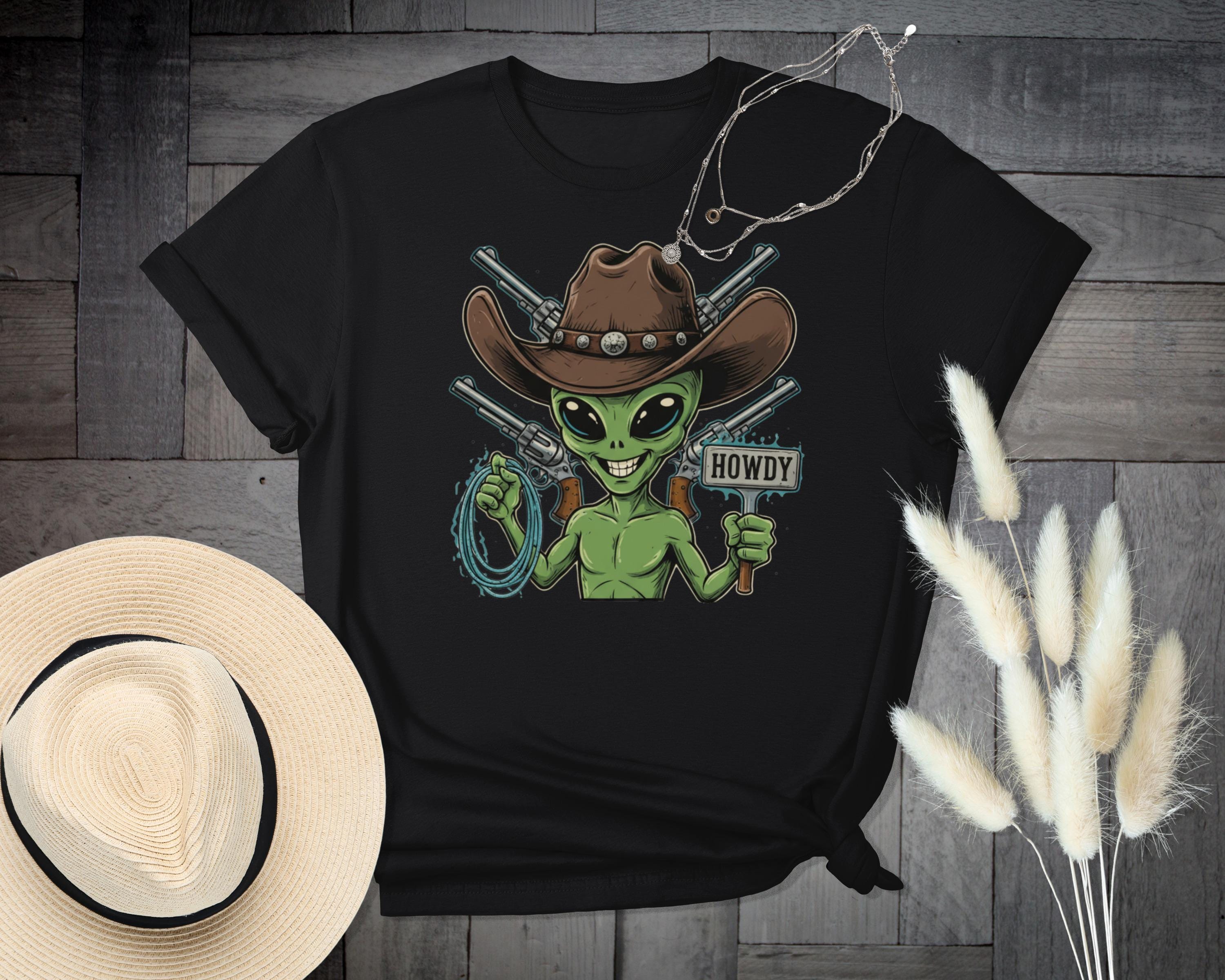 Alien Cowboy T-Shirt Howdy Graphic Tee Funny Alien Shirt Western Theme Alien Graphic Top Cool Alien Clothes Retro Alien Art