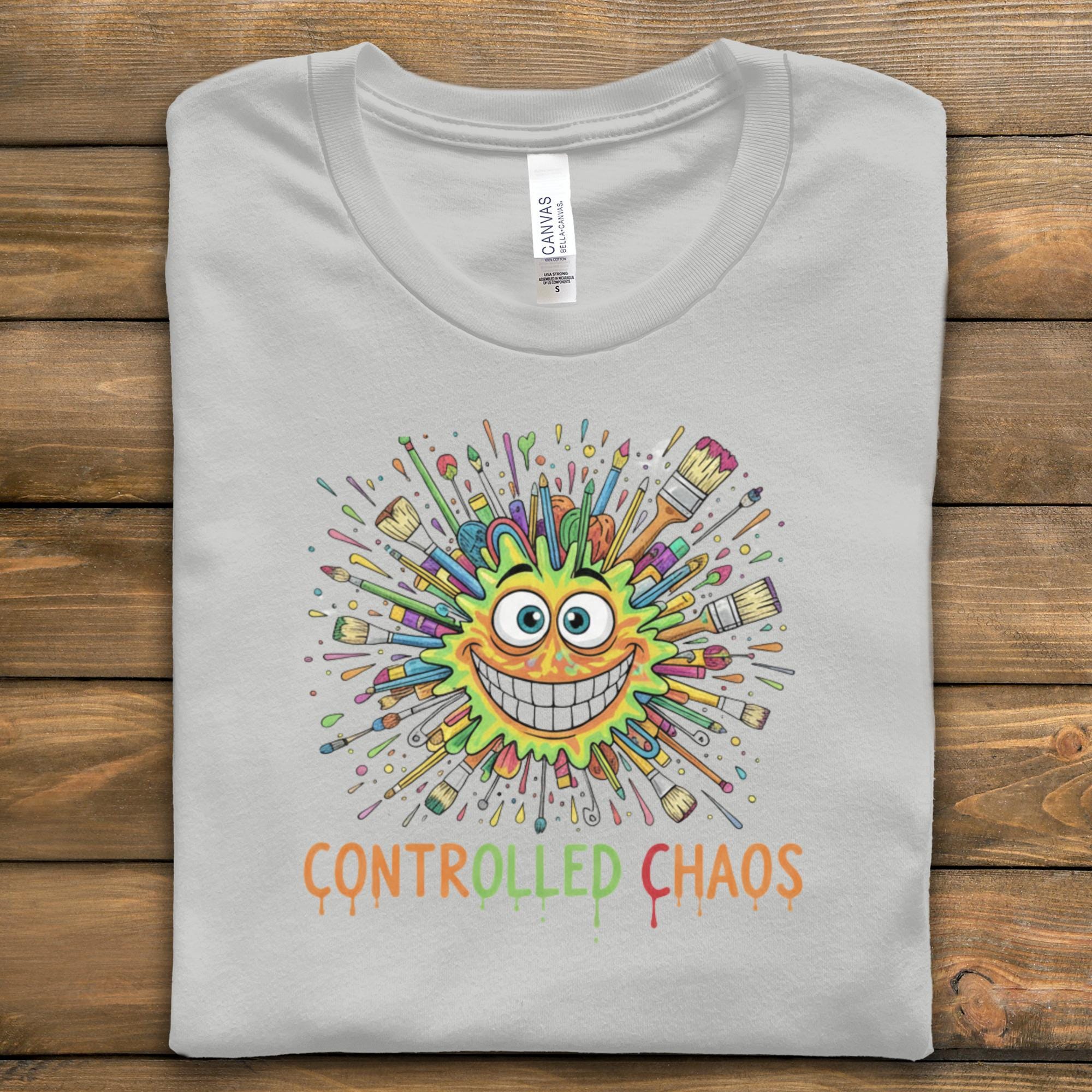 Controlled Chaos T-shirt, Fun Graphic Tee, Quirky Cartoon Shirt, Expressive Art Design Top, Unique Fashion Statement