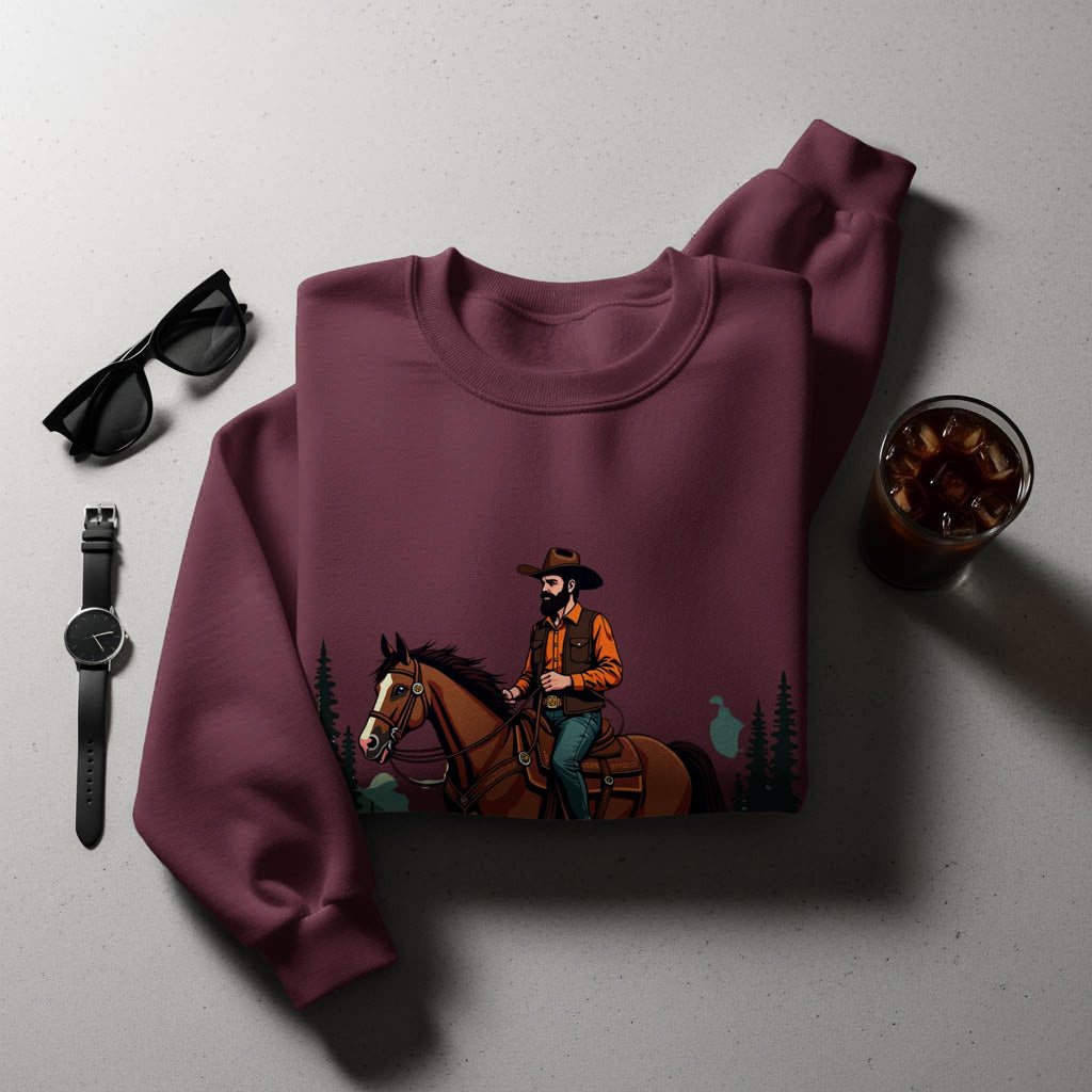 Cowboy Riding Horse Sweatshirt, Western Theme Unisex Pullover, Cozy Cowboy Crewneck, Country Style Sweater, Graphic Rodeo Top
