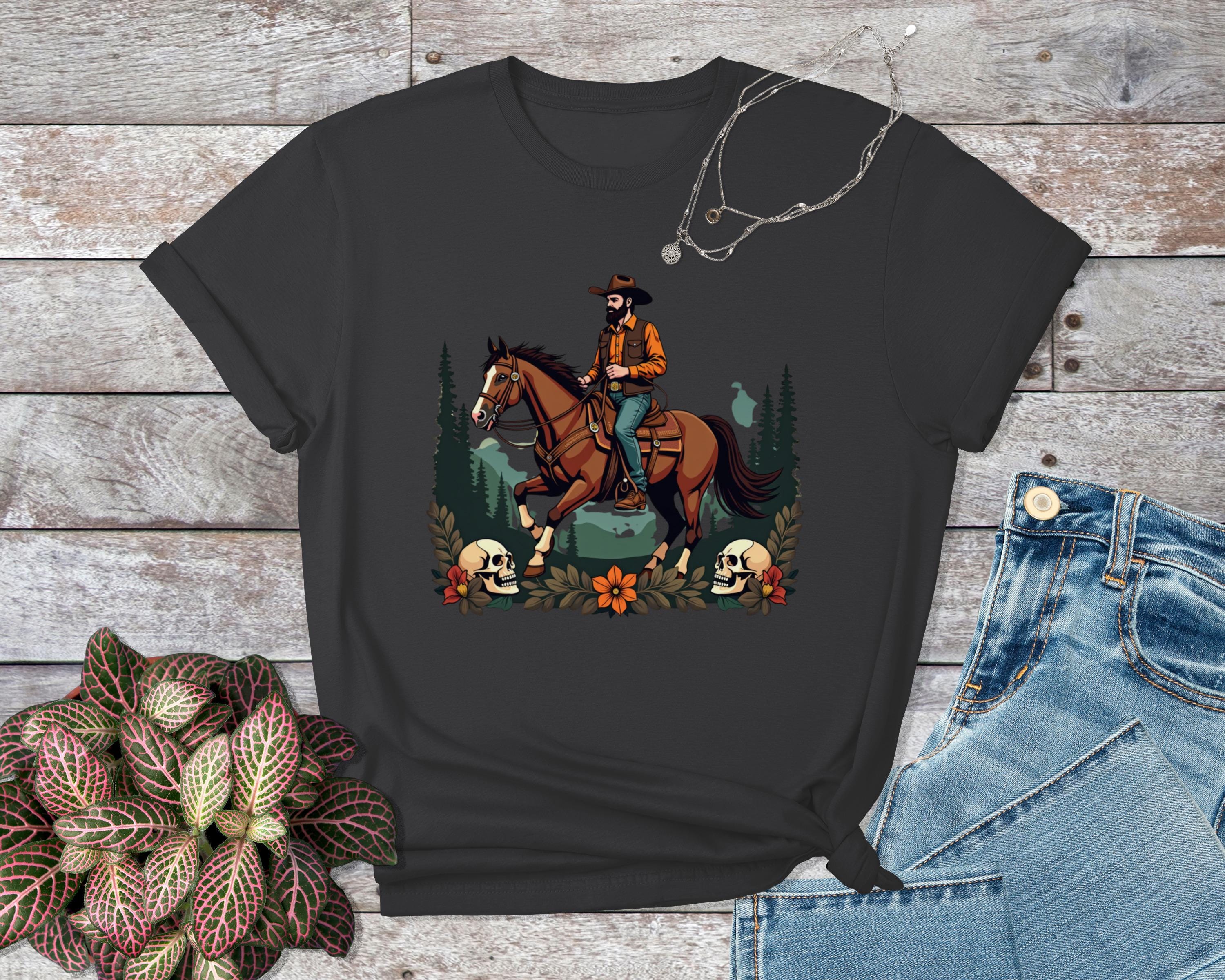 Cowboy Riding Horse Graphic Tee, Western Cowboy T Shirt, Horseback Riding Shirt, Rustic Country Outfit, Casual Cowboy Apparel