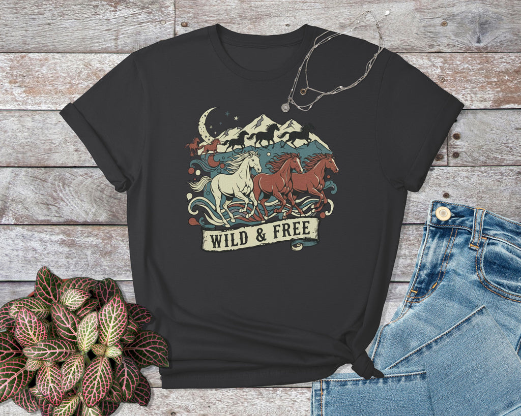 Vintage Wild and Free Horse Graphic T-shirt, Equestrian Art Tee, Retro Cowboy Style Shirt, Nature Adventure Graphic Tee