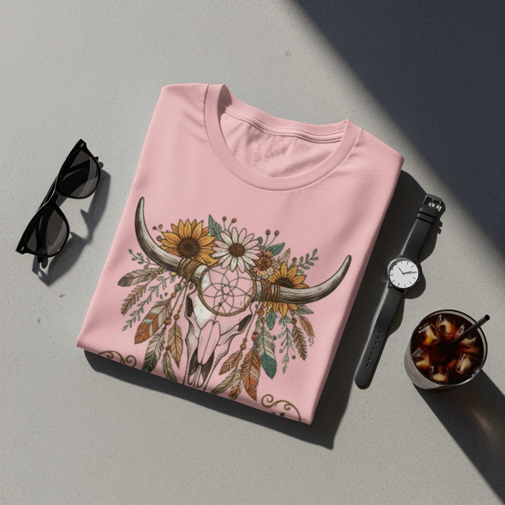 Boho Skull Floral T-Shirt, Dreamcatcher Flower Tee, Western Style Graphic Shirt, Trendy Bohemian Top, Pink Summer Casual Shirt