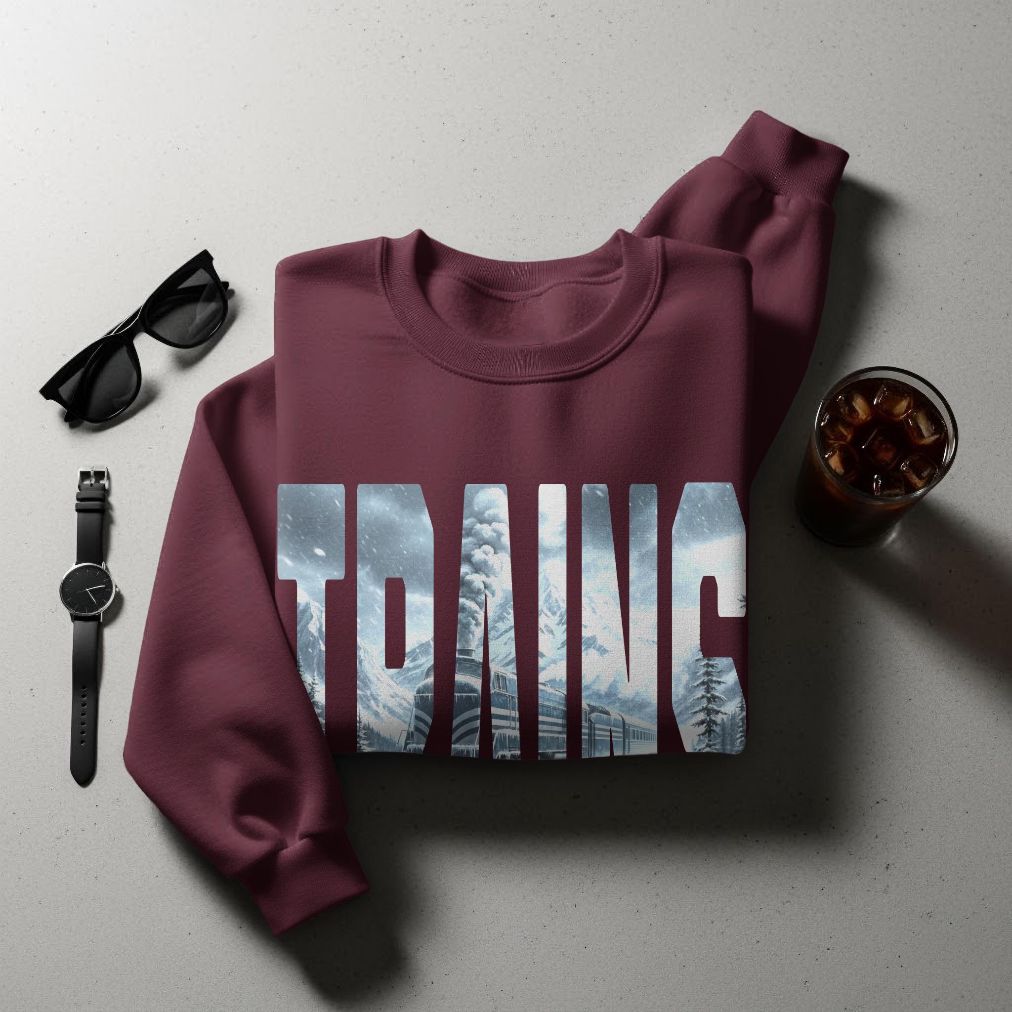 Train themed sweatshirt, winter train graphic pullover, cozy winter scene sweater, snowy train journey top, holiday gift idea