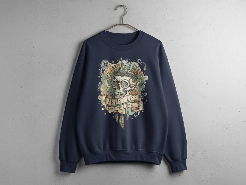 Artist Life Skull Sweatshirt, Casual Graphic Pullover, Unique Art Design, Novelty Gift, Cozy Crewneck, Funky Unisex Apparel
