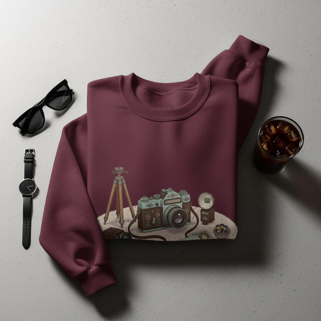 Vintage Camera Crewneck Sweatshirt, Retro Photography Sweater, Cozy Photographer Gift, Cool Graphic Pullover, Unique Camera Design