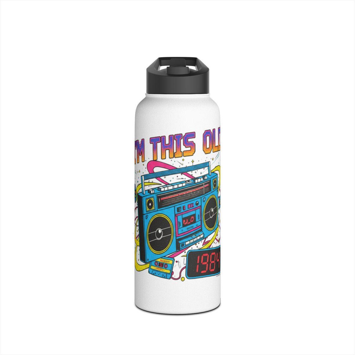 Retro Boombox Water Bottle, 1980s Music Lover Gift, Vintage Music Theme, Unique Drinkware, Colorful Graphic Design, Funky Style Flask